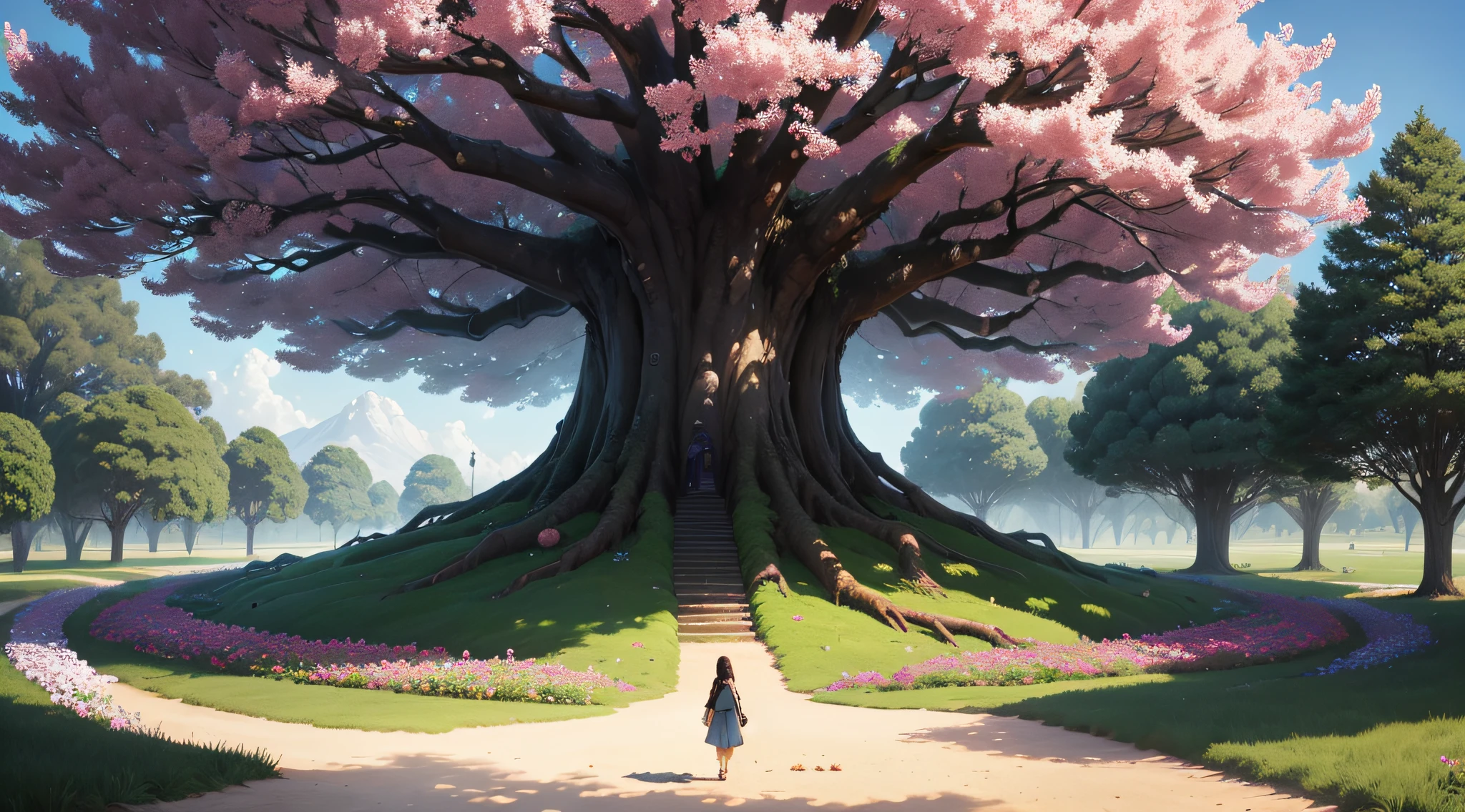 Illustrate a sturdy and majestic tree with deep roots in the fertile soil, representing Ana's enduring legacy. The tree should be surrounded by vibrant flowers, symbolizing the continuity of her love and kindness. The environment should be peaceful and beautiful, conveying a sense of eternity and inspiration.