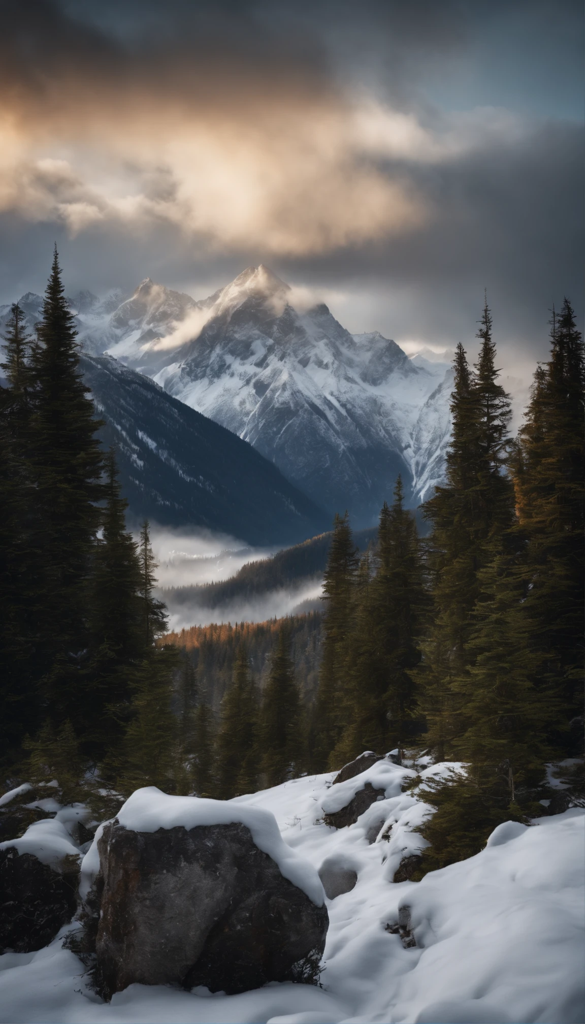 (snow-capped peaks of the majestic mountain,The thick snow covered everything,and everything was silver white,emerging from the clouds,Thin residual clouds.in the light of the sunset, raking light, cinematic lighting:1.45), oil painting by Marcus Larsson, concept matte painting, photorealism,View from sky, Photograph landscape snow mountains of dark age, rain, fog, dramatic and stunning award winning photo, dramatic linear delicacy, high dynamic range, Cinematic High Detail, UHD, 8k