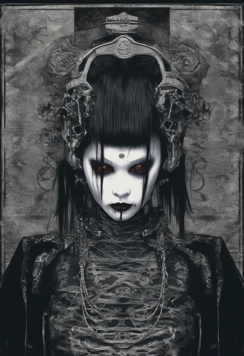 dark broody traditional japanese emo female geisha dj djing skinhead, hairgoth, emo goth spikey fashion viynl mixing decks