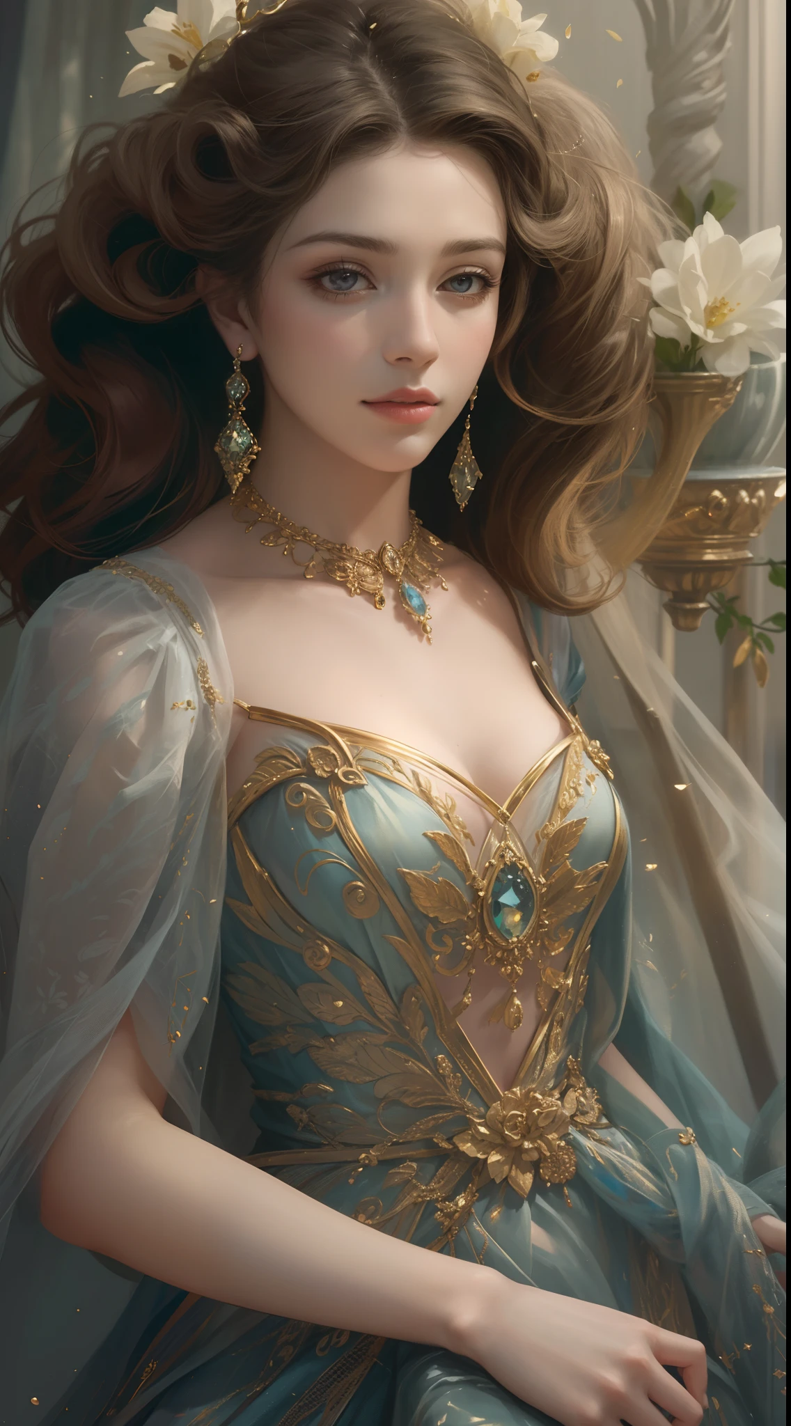 (Best quality,8K,A high resolution,Masterpiece:1.2),Ultra-detailed,(Realistic,Photorealistic,photo-realistic:1.37),Portrait,Creative style artwork,Historical,classical,Sophisticated,plethora of colors,Highly detailed,Soft lighting,luxurious environment,detailed gown,Vibrant flowers,detailed jewellery,Ethereal atmosphere,Elegant Pose,Graceful curves,Gold body proportions,Flowing hair,Breathtaking textile patterns,Harsh purple eyes,Delicate floral decoration,A dazzling array of crystal accessories,Mysterious and dreamy atmosphere,Impeccable attention to detail.