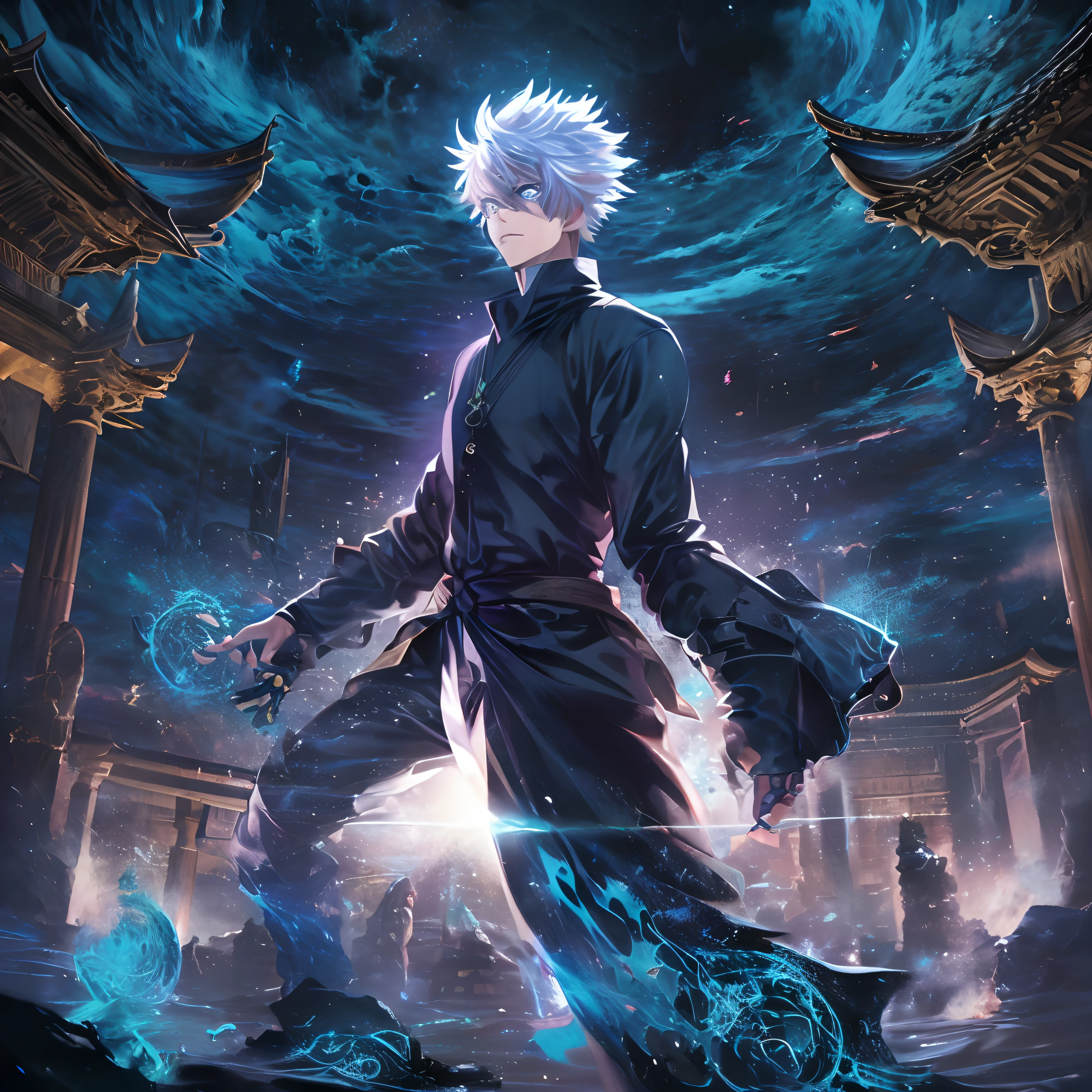 (masterpiece, illustration, anime:1.3), 1 person, Satoru Gojo from Jujutsu Kaisen, (classic black attire:1.2), standing inside a temple at night, (messy white hair:1.1), (blue eyes emitting blue light:1.2), (calm expression:1.1), (uncovered eyes:1.1), (powerful presence:1.2), (mystical atmosphere:1.2), (subtle moonlight:1.1), (intricate temple architecture:1.2), (ominous shadows:1.1), (flowing robes:1.1), (detailed folds and creases:1.1), (intense blue aura:1.2), (symbols of power surrounding him:1.1), (magical energy radiating:1.2), (spellcasting gestures:1.1), (mysterious artifacts:1.1), (ethereal particles:1.1), (dynamic pose:1.2), (epic soundtrack:1.2), (sense of awe:1.1), (magical prowess:1.1), over power, power up, sphere, extreme, focused.