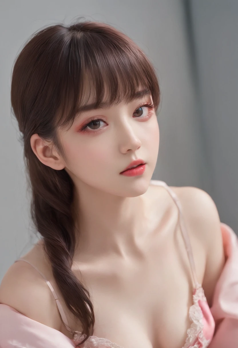 top-quality, Photorealsitic, masterpiece, 8K, 16K,Hi-Res, 独奏, 1girl, (((infp young woman))),、full bodyesbian、(small tits), ((Look at viewers)), (look at a camera), ((Various hairstyles close to long))、Perfect straight black hair、With bangs、 (profetional lighting), Highly detailed bright face、Gentle Japan girl、Face red with embarrassment、Small cleavage、pink bikinis、I'm sitting on a chair in my room