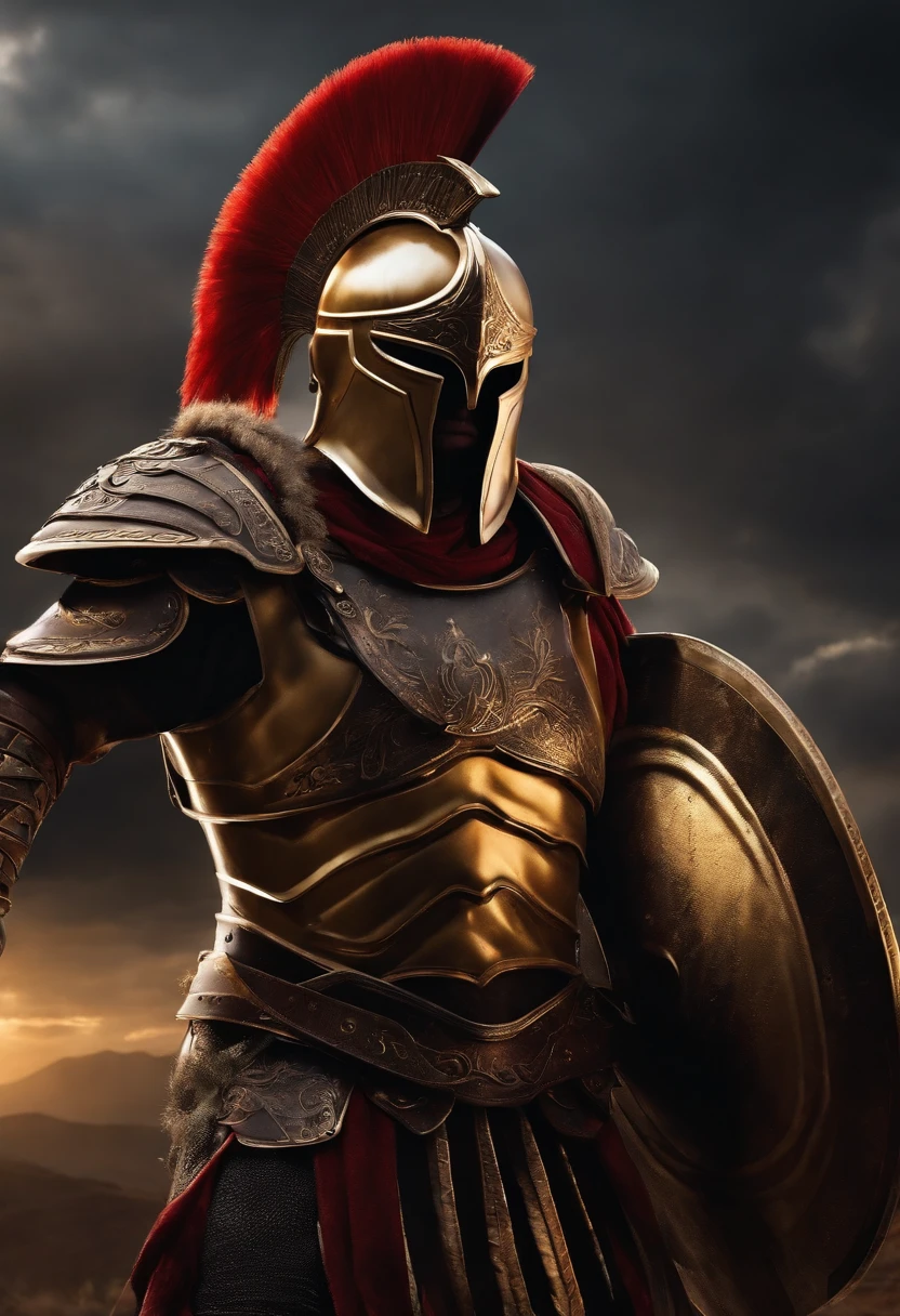 spartan warrior, fighting , stunning armor, black gold armor, epic, 8k