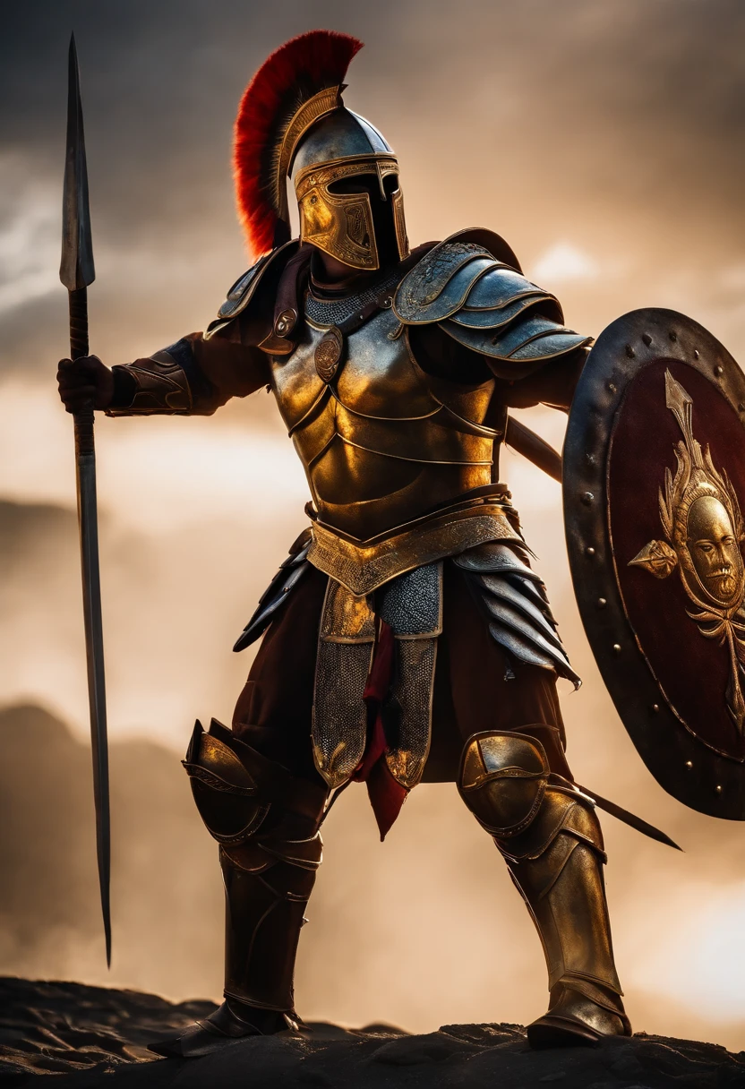 spartan warrior, fighting , stunning armor, black gold armor, epic, 8k