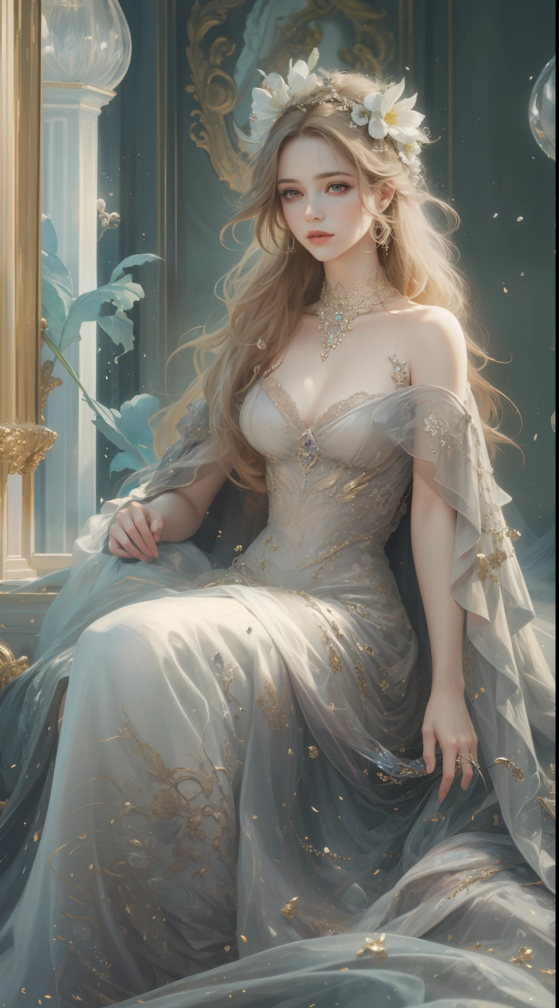 (Best quality,8K,A high resolution,Masterpiece:1.2),Ultra-detailed,(Realistic,Photorealistic,photo-realistic:1.37),Portrait,Creative style artwork,Historical,classical,Sophisticated,plethora of colors,Highly detailed,Soft lighting,luxurious environment,detailed gown,Vibrant flowers,detailed jewellery,Ethereal atmosphere,Elegant Pose,Graceful curves,Gold body proportions，Flowing hair,Breathtaking textile patterns,Harsh purple eyes,Delicate floral decoration,A dazzling array of crystal accessories,Mysterious and dreamy atmosphere,Impeccable attention to detail.