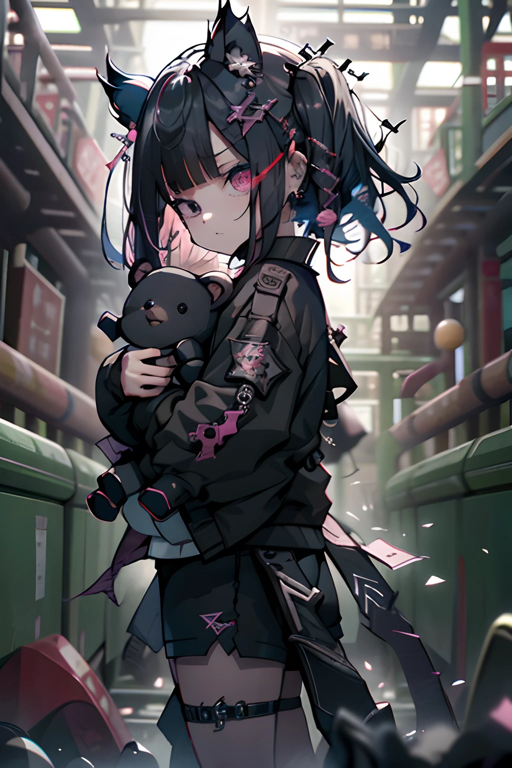 teddy bears、teddy bears、🧸、Lower Kick、Kungfu、Black hair、side poneyTail、Kungfu、kick、Kungfu、blood splashing、dead body、morning、Gothic punk、耳Nipple Ring、hair adornments、A dark-haired、Pink and black color、poneyTail、Black Pink Shirt、、Black shorts、Blunt bangs、Photorealsitic, hight resolution, 1 rapariga, Korea person,Flame from the eyes、🔥