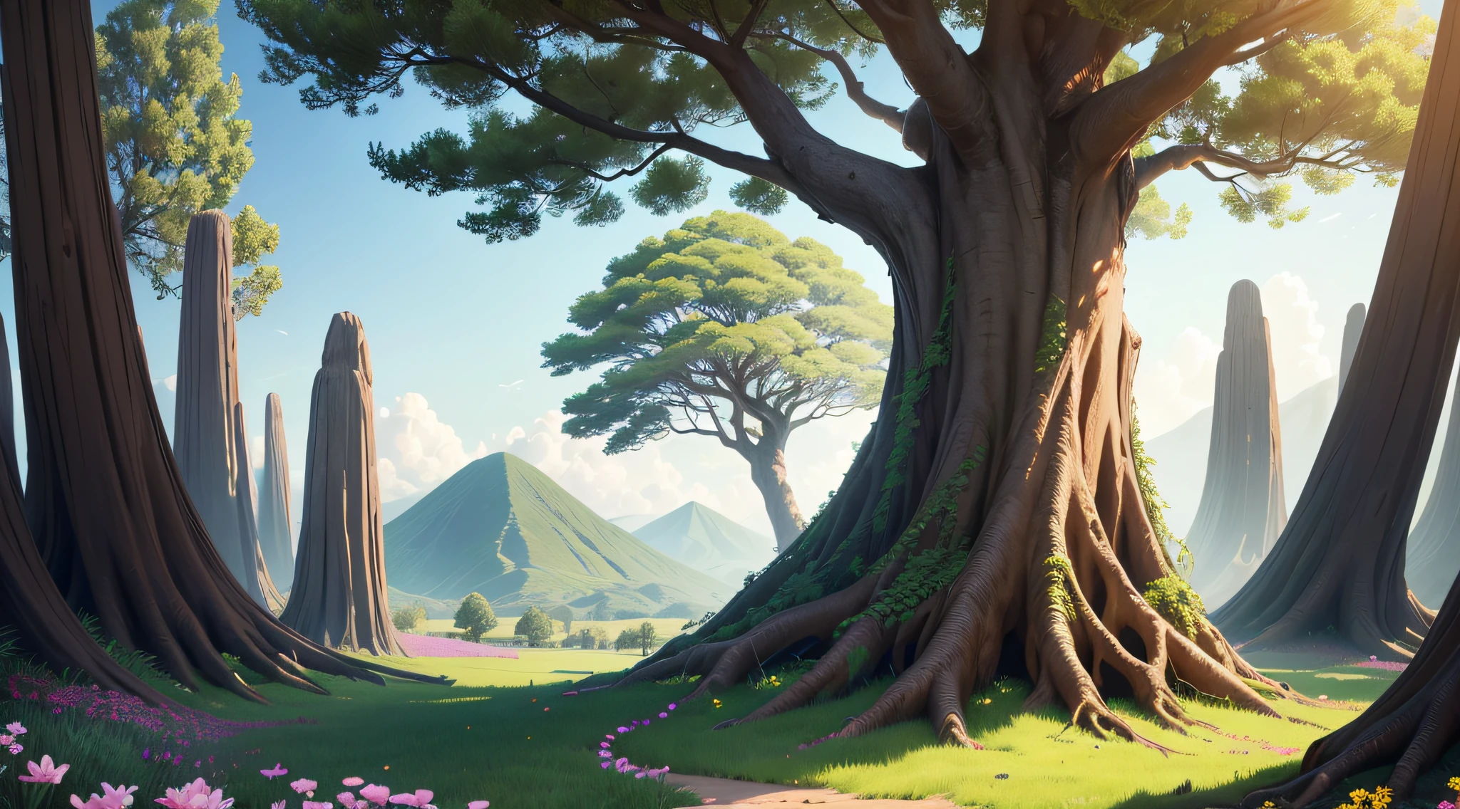 Illustrate a sturdy and majestic tree with deep roots in the fertile soil, representing Ana's enduring legacy. The tree should be surrounded by vibrant flowers, symbolizing the continuity of her love and kindness. The environment should be peaceful and beautiful, conveying a sense of eternity and inspiration.