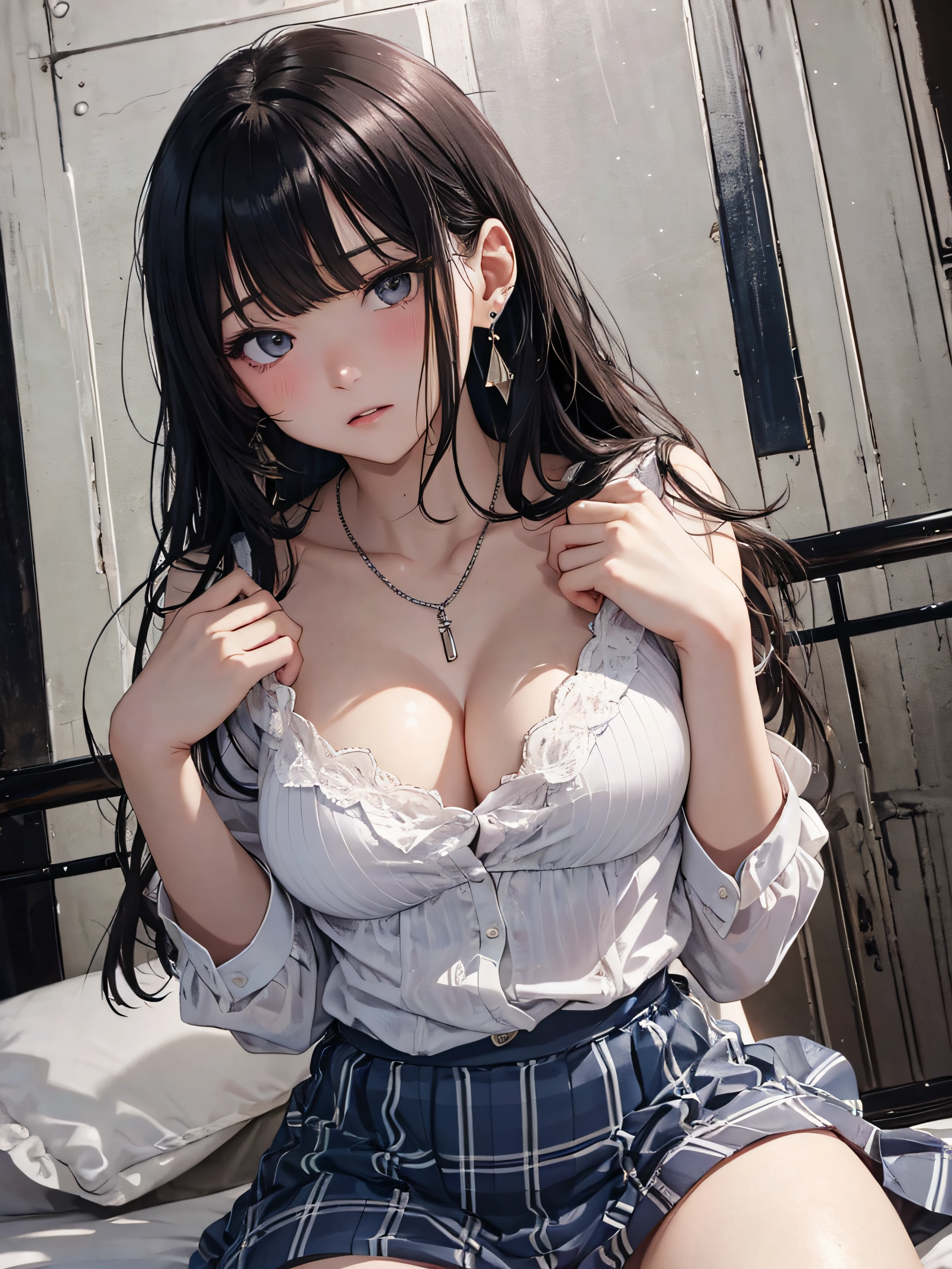 photorealisim、top-quality、超A high resolution、a picture、Photo of an exquisitely beautiful Nordic-born girl、Extraordinary beautiful girl、Highlights of cheek luster、Detailed cute and beautiful face、(pureerosface_v1:0.008)、Beautiful bangs、Glowing white shiny skin、Bangs between the eyes、shiny and beautiful hair、Silky hair、finer hair、High-definition eyes、Beautiful, Bright and clear, Big eyes shine charmingly、eye liner、Double eyelids、Full body like、dismay、red blush、embarrassed from、glares、 shiny little necklace and earrings, shiny lips: 1.4,  humiliated、impatience、dismay、（Frightened:1.8）、glares、Soft breasts、cleavage of the breast、hiding chest with hands、hide crotch with hands、lift up one's skirt、red blush、embarrassed from、I see underwear、Open knees、open one's legs、Masturbation behavior、Disheveled clothes、Dressing、White blouses、Stockings、Wearing sweat、Neat and clean woman,19 years old, 1 persons、（navy blue business suit: 1.5),（tight skirts:1.8）、Wavy Hair, bangs flowing diagonally, Medium Hair, Blue-gray eyes, Big breasts、 In the hotel in the middle of the night, Sit on the edge of the bed、