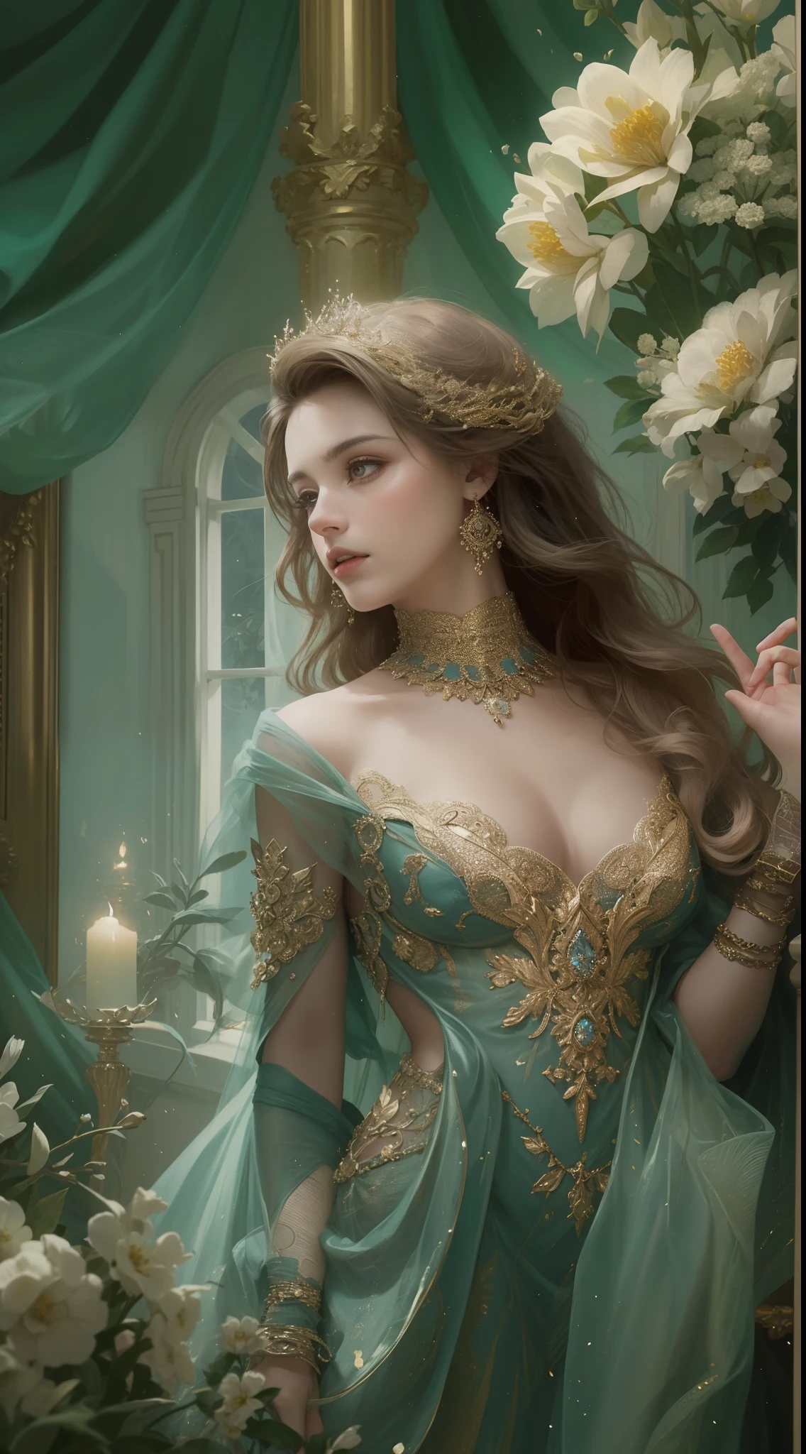(Best quality,8K,A high resolution,Masterpiece:1.2),Ultra-detailed,(Realistic,Photorealistic,photo-realistic:1.37),Portrait,Creative style artwork,Historical,classical,Sophisticated,plethora of colors,Highly detailed,Soft lighting,luxurious environment,detailed gown,Vibrant flowers,detailed jewellery,Ethereal atmosphere,Elegant Pose,Graceful curves,Gold body proportions，Flowing hair,Breathtaking textile patterns,Harsh purple eyes,Delicate floral decoration,A dazzling array of crystal accessories,Mysterious and dreamy atmosphere,Impeccable attention to detail.