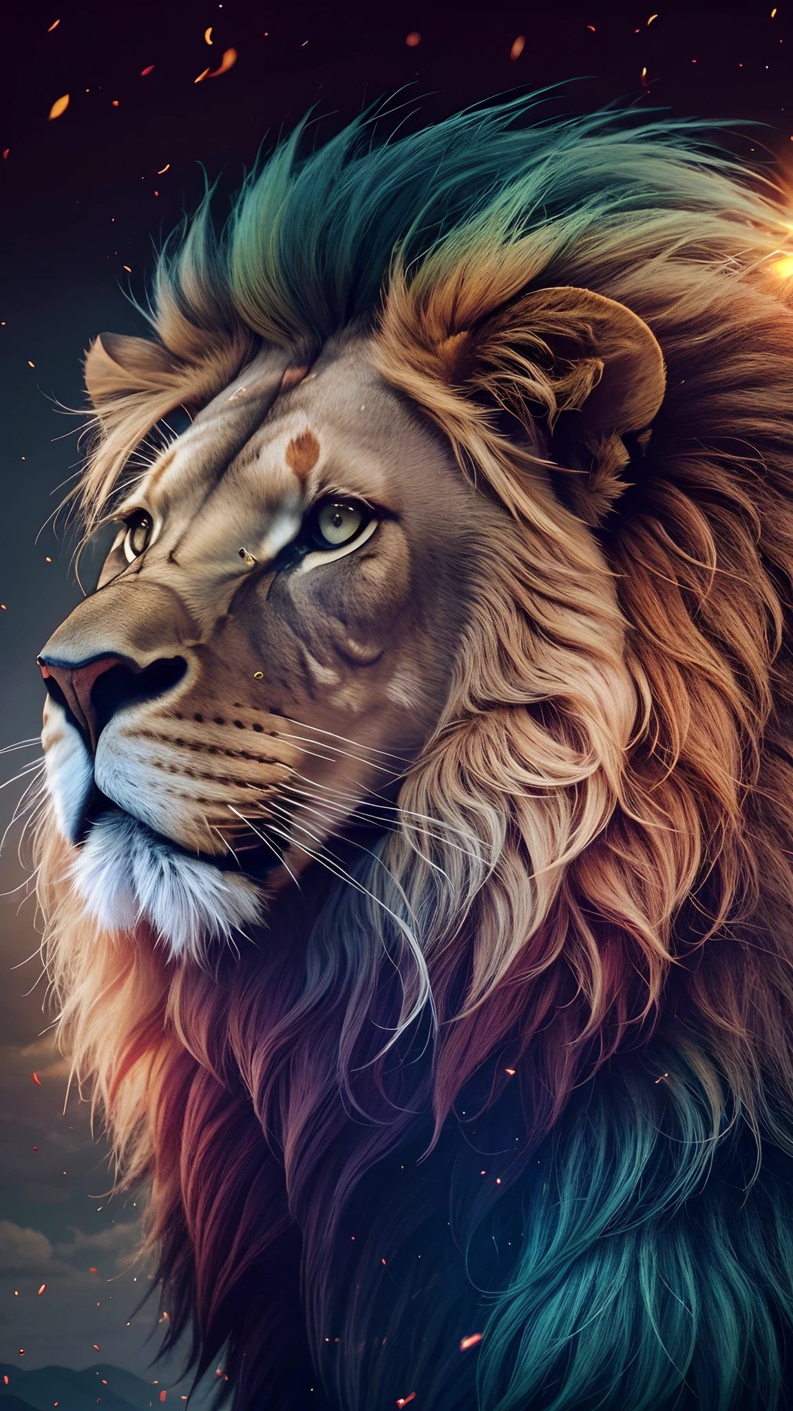 Lion, leone, King, naturais, Natureza, Natureza, Linda, renderizado, fotorrealista, UltraHD, 4k, texturasdetalhadas, thunders, sombras detalhadas, cores detalhadas, por do sol, sol se pondo, Sunset, Natureza Linda, fundo preto, por do sol, contraste detalhado, contraste realista, alta resolução, cores detalhadas, fogo, eletricidade,