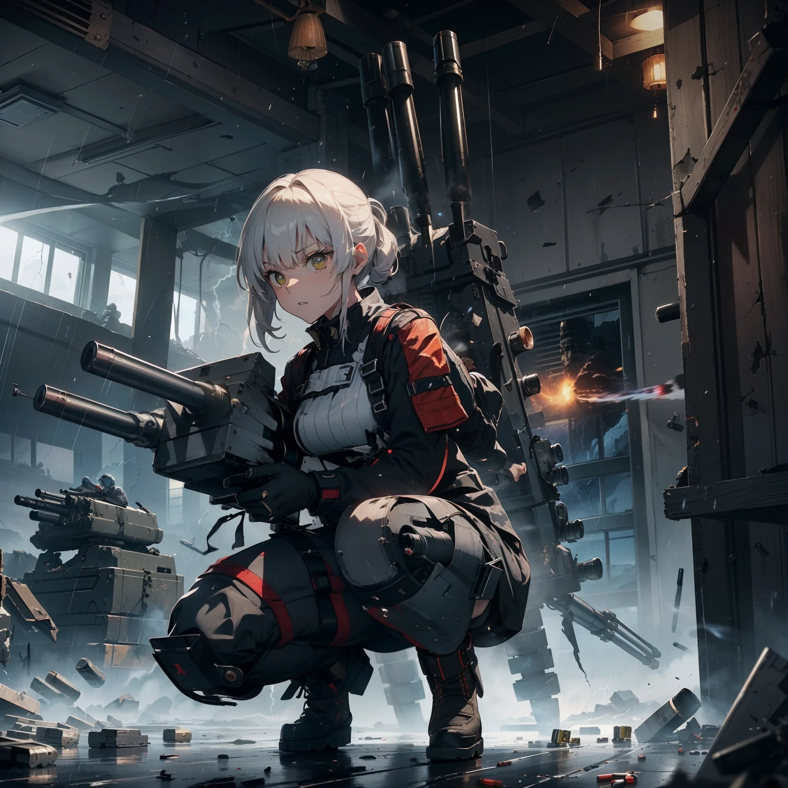 (Female soldier with strong body)、(((Firing the Gatling gun and a storm of bullets:1.4)))、独奏:1.4、(Black combat uniform)、(platinum-blonde-hair:1.2)、Have multiple weapons、Running through the rubble、((超A high resolution))、Detail Write、​masterpiece、top-quality、extremely details CG、8K picture quality、Cinematographic lighting、lensflare、(Night combat)、((From the inside of the building to the outside))、Hyper-detailing、The wreckage of an attacking military drone、cowboy  shot:1.4、From diagonally above 、(HK416)、turned around、Detailed firearm depiction、Firearms with perfect detail、Long barrel without distortion、Kneeling