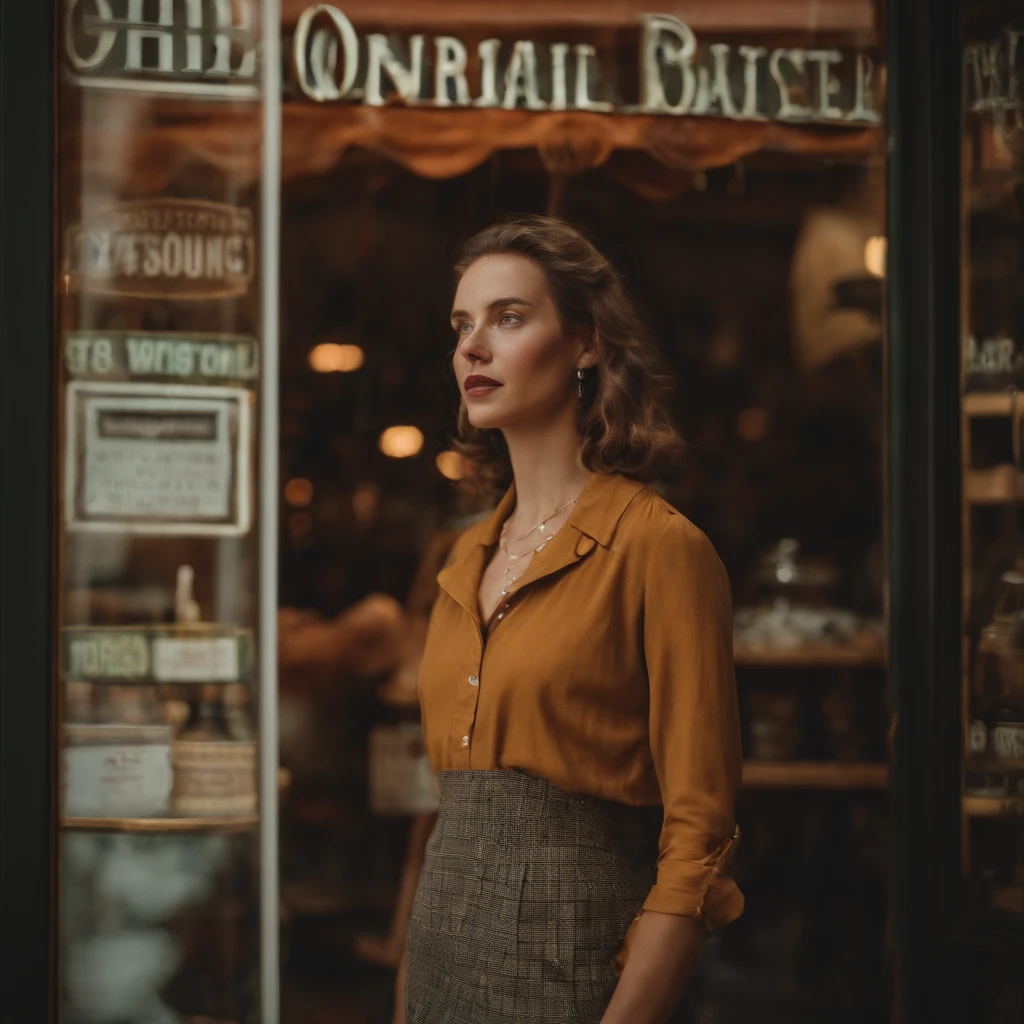 young woman, standing infront of a store , wes anderson style, vintage style