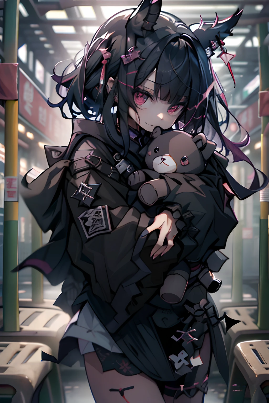 teddy bears、teddy bears、🧸、Black hair、side poneyTail、Kungfu、kick、Kungfu、blood splashing、dead body、morning、Gothic punk、耳Nipple Ring、hair adornments、A dark-haired、Pink and black color、poneyTail、Black Pink Shirt、、Black shorts、Blunt bangs、Photorealsitic, hight resolution, 1 rapariga, Korea person,Flame from the eyes、🔥