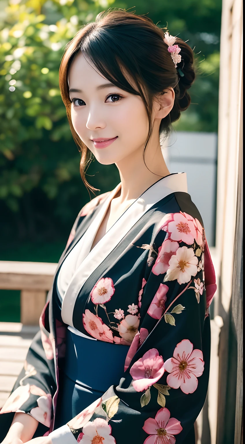 (Photorealsitic:1.4), (Top image quality:1.0), (超A high resolution:1.0), 8K, Raw photography, (​masterpiece:0.2), (pureerosface_v1:0.5)、(Best Quality Detail:1.2)、realisitic、8K UHD、hight resolution、(1girl in:1.2)、The ultra-detailliert、High quality textures、intricate detailes、detaileds、Very detailed CG、High quality shadows、Detail Beautiful delicate face、Detail Beautiful delicate eyes、depth of fields、Ray traching,1girl in, japanaese girl, Cute, slender, Black kimono, Kimono with Japanese pattern,Floral scrunchie, Beautiful skin, Facing the front,Sit down, Sit upright and say thank you,Align your hands elegantly,Smile faintly The Land of Japan,Japanese garden,Luxury Japanese-style room, skyporn, Magic Hour, (Realistic:1.3), Finely detailed, quality, (masutepiece:1.2), (Photorealistic:1.2), (Best Quality), (Intricate details), Dramatic, Ray tracing, photograph, +Lola