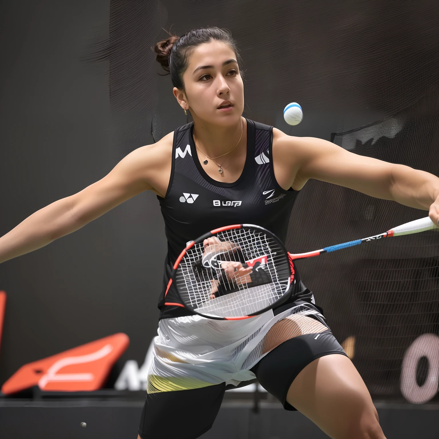 An Alafi woman in a black shirt and shorts playing badminton, inspired by Ion Andreescu, taken in 2 0 2 0, taken in 2022, Mina Petrovich, photo from a spectator, laura sava, Badminton, magdalena radziej, cover shot, Serena Marion, Simone Sbuffy is the captain