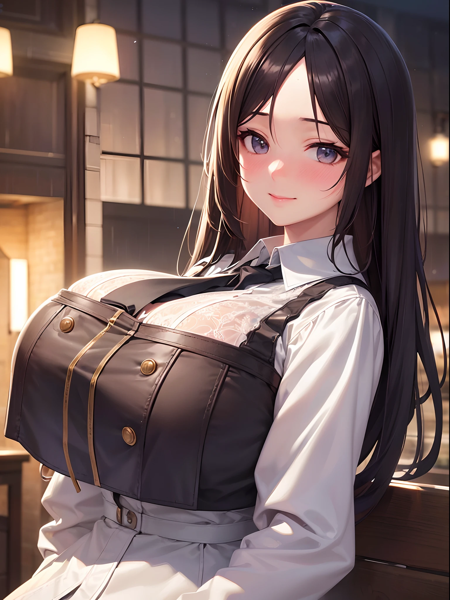 (8K, Best Quality, masutepiece: 1.2), (Realistic, Photorealistic: 1.37), super detailed, 1 adult female, Cute, Alone, Beautiful detailed sky, Detailed Cafe, Night, Sitting, date, ( nose blush), (Gentle smile: 1.15), (closes mouth) ,((huge bust:1.5)) ,Beautiful details, (Collared shirt: 1.1), Night, Wet, Business Wear, Rain, White lace, (Long hair: 1.2), Floating Hair NovaFrogStyle,A dark-haired,Ahoge,