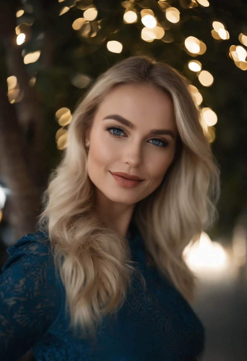 Portrait of a woman in city attire, enjoying a shopping spree, a captivating girl with blue eyes, reminiscent of Sophie Mudd and Korina Cope. Featuring blonde hair, large eyes, and a natural makeup look, she takes a selfie with a direct gaze into the camera. On the street, she exudes positive energy, showcasing a generous chest. This blonde woman embodies a dynamic blend of beauty