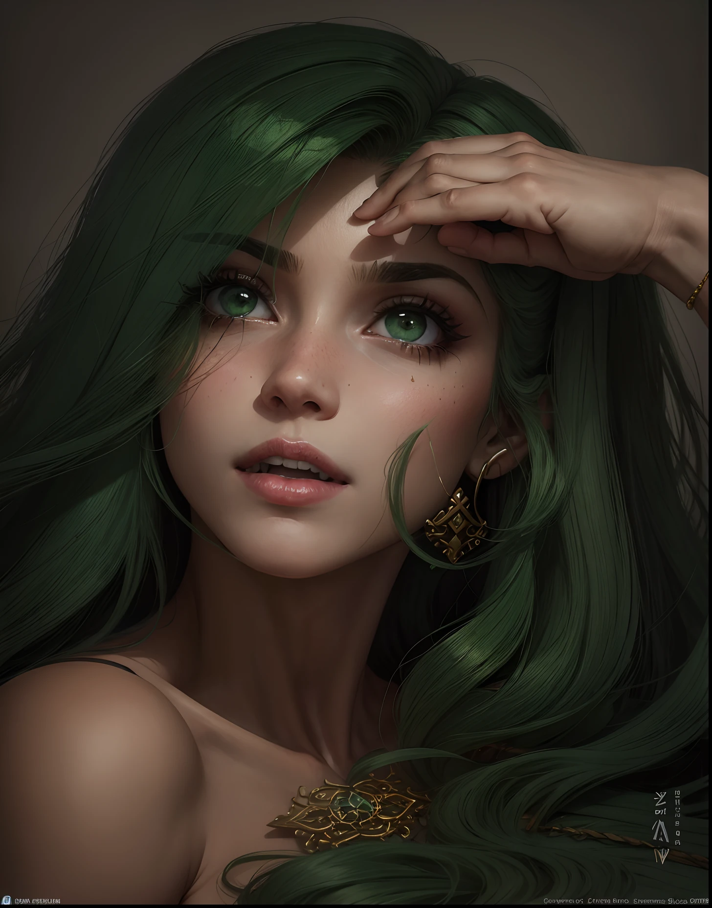 Filha das sombrias, melher com capuz verde, um morcegos escondido no capuz da mulher