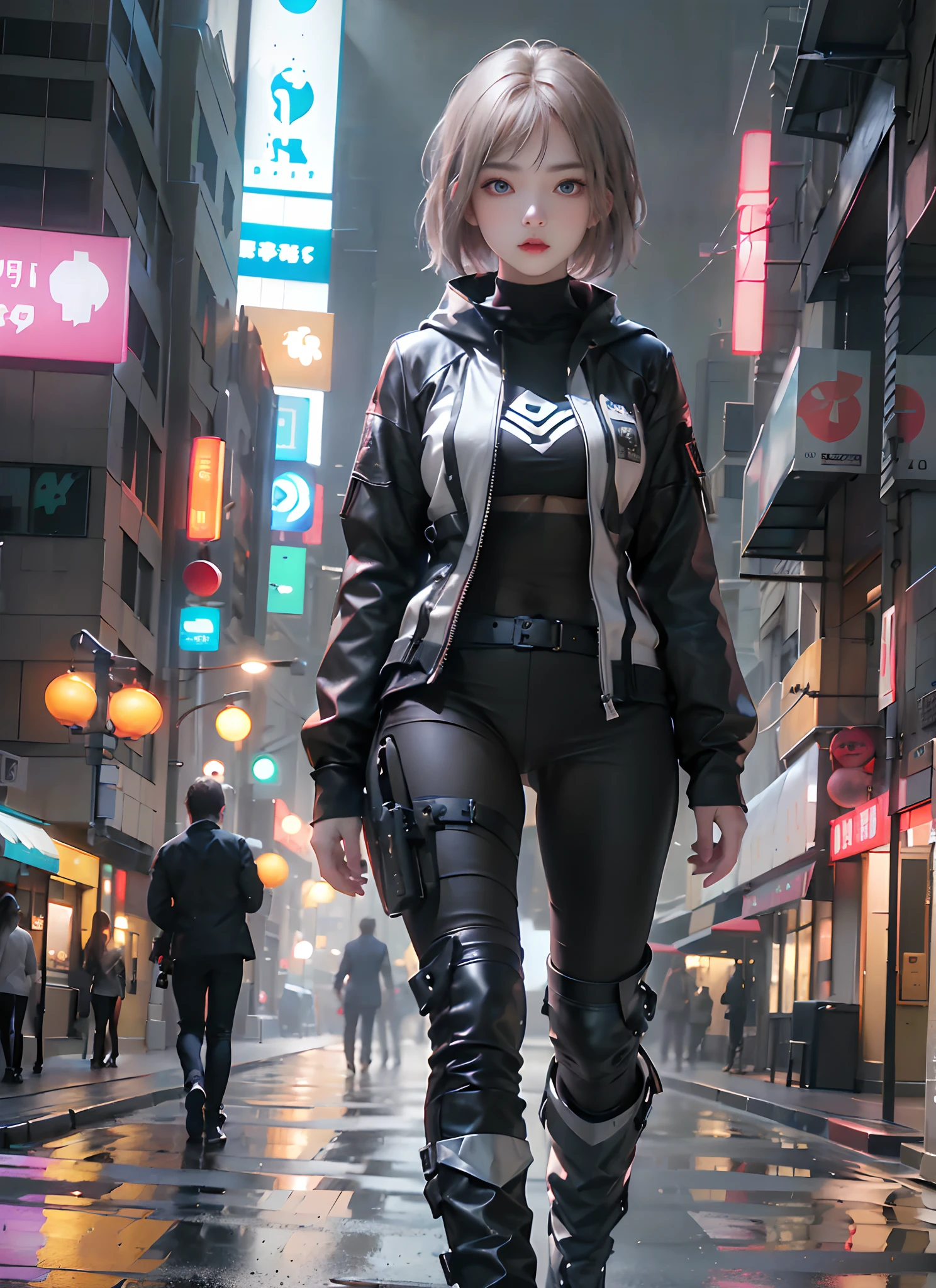 ((top-quality)), (((masterpiece)), (detaileds: 1.4), 3D, Beautiful Cyberpunk Woman Image, bob cuts, Broken black tights, leather clothes, Electromechanical, nffsw(HighDynamicRange), Ray traching, NVIDIA RTX, Hyper-Resolution, Unreal 5, Sub-surface scattering, PBR Texture, Postprocess, Anisotropy Filtering, depth of fields, Maximum sharpness and acutance, Multilayer Texture, Albedo and Highlight Maps, Surface Coloring, Accurate simulation of light-material interactions, perfectly proportions、octane renderings、two tone lighting、Large aperture、Low ISO、White Balance、thirds rule、8K Raw、masterpiece、top-quality、(8k extremely detailed CG unit wallpaper)(top-quality)、(The best illustrations)、(Best Shadows), innocent blue eyes, body swimsuit, poni hair