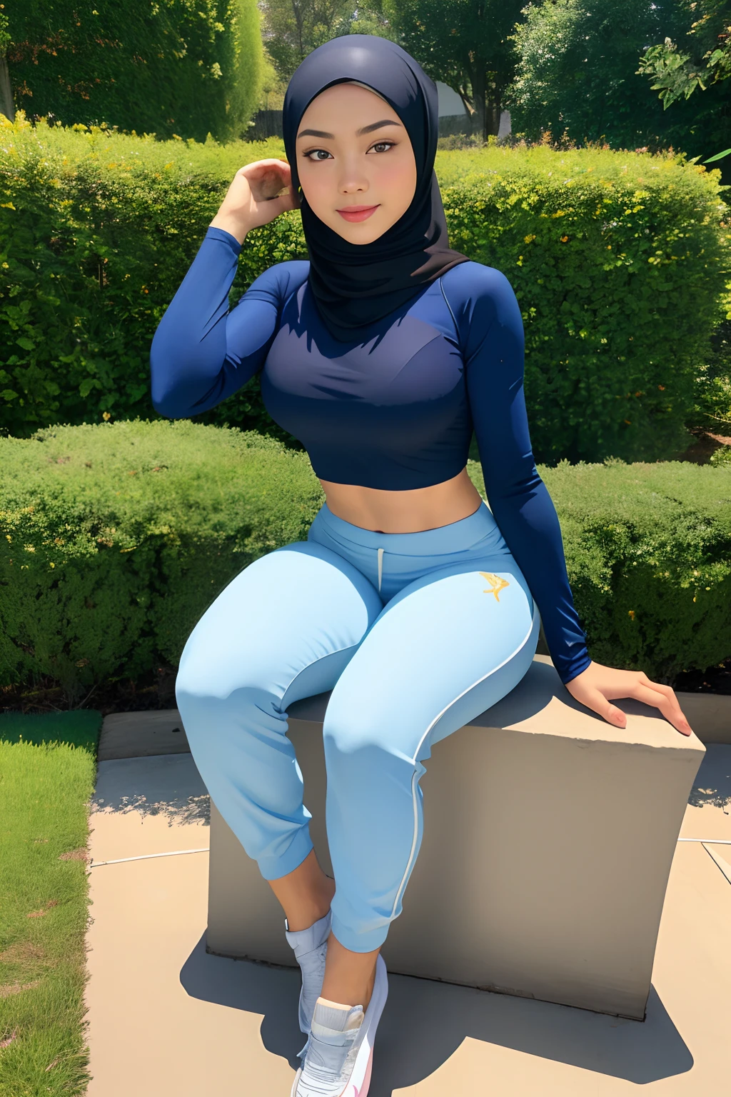 (malay girl in hijab), crop top, sweatpants, muscular, wide hips, large breasts, thick thighs, standing, looking at viewer, sitting, in garden, slim, slender, looking at viewer, (masterpiece), (best quality:1.2), absurdres, intricate details, (highly detailed skin:1.2),, photorealistic, beautiful women, best quality, (masterpiece:1.3), closed mouth, looking at viewer,(highly detailed face:1.3), perfect face, full lips,
Base Negative 2.0,,jewelry