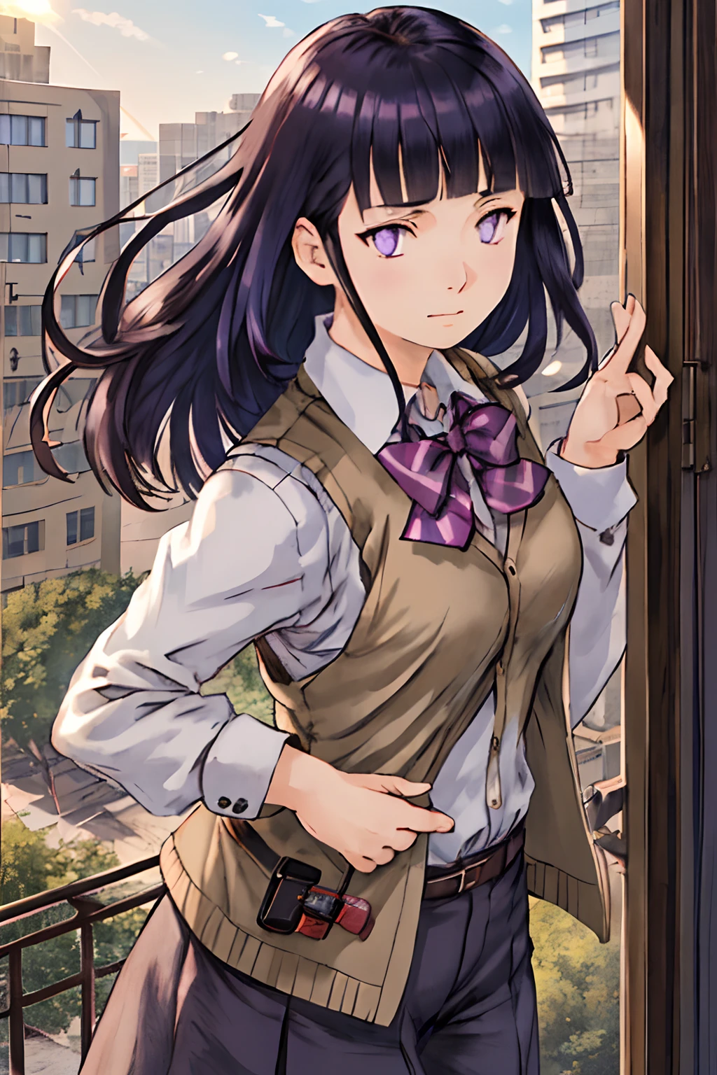 1girl, matured female, vest, bow, photo, realistic, best quality, hires, detailed face, office, buildings from window, detailed background, diffused sunlight, depth of field, bokeh,Blunt Bangs, purple eyes, long dark blue hair