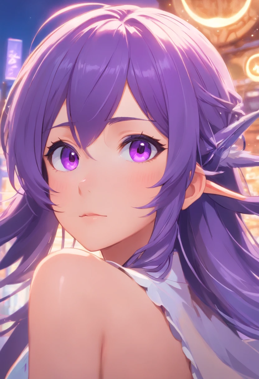 Purple eye,cyanhair,Lazy expression,Western fantasy,Magical fantasy,,the elf,Tall and tall,Beautiful breasts,detail in face
