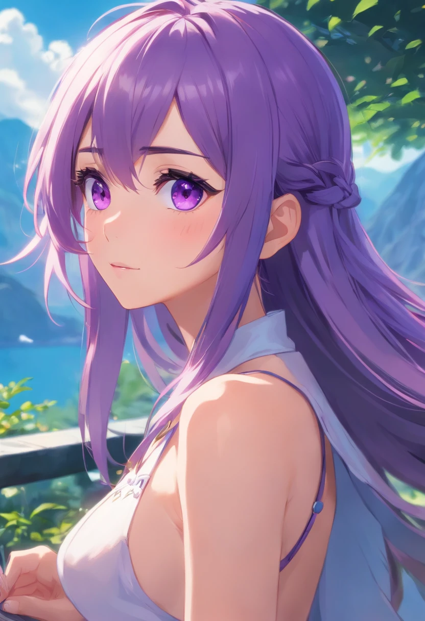 Purple eye,cyanhair,Lazy expression,Western fantasy,Magical fantasy,,the elf,Tall and tall,Beautiful breasts,detail in face