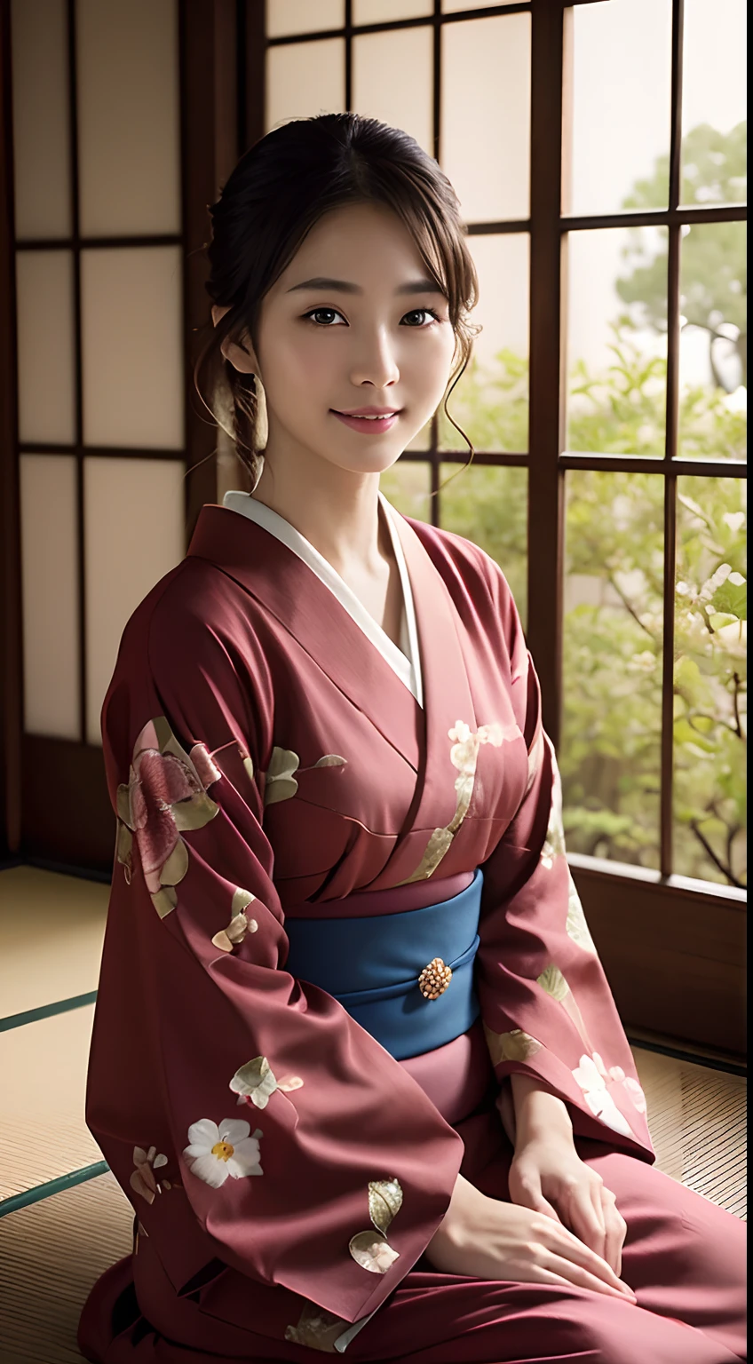 (Photorealsitic:1.4), (Top image quality:1.0), (超A high resolution:1.0), 8K, Raw photography, (masterpiece:0.2), (pureerosface_v1:0.5)、(Best Quality Detail:1.2)、realisitic、8K UHD、hight resolution、(1girl in:1.2)、The ultra-detailliert、High quality textures、intricate detailes、detaileds、Very detailed CG、High quality shadows、Detail Beautiful delicate face、Detail Beautiful delicate eyes、depth of fields、Ray traching,1girl in, japanaese girl, Cute, slender, Black kimono, Kimono with Japanese pattern,Floral scrunchie, Beautiful skin, Facing the front,Sit down, Sit upright and say thank you,Align your hands elegantly,Smile faintly The Land of Japan,Japanese garden,Luxury Japanese-style room, skyporn, Magic Hour, (Realistic:1.3), Finely detailed, quality, (masutepiece:1.2), (Photorealistic:1.2), (Best Quality), (Intricate details), Dramatic, Ray tracing, photograph, +Lola