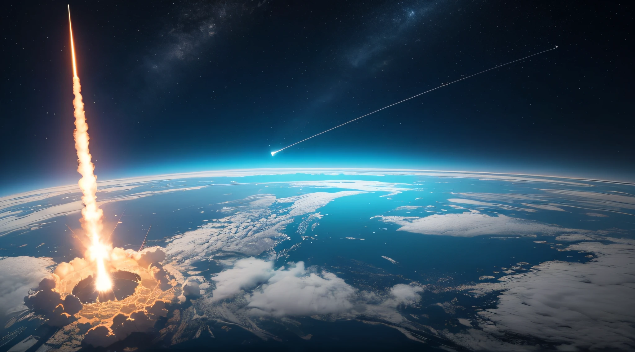 Visualize a transparent barrier encircling the Earth, with rockets attempting to breach it.