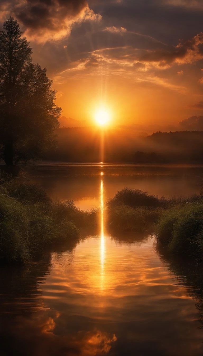 Beautiful sunset images，There is a lake in the middle, Magic portal in the sky, Lens flare. occult photorealism, world seen only through a portal, heaven gate, heaven planet in background, infinite space clock background, The Eye of God, rays of sunshine