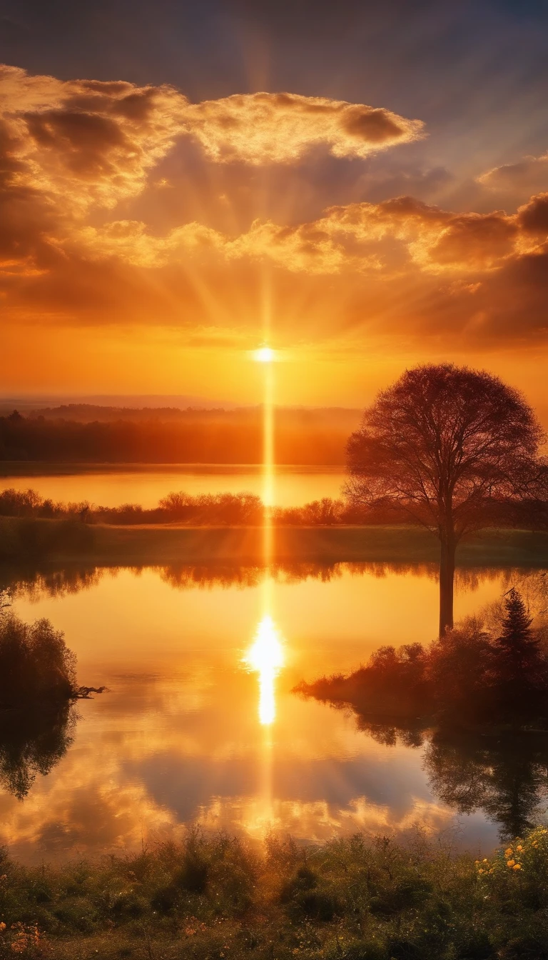 Beautiful sunset images,There is a lake in the middle, Magic portal in the sky, Lens flare. occult photorealism, world seen only through a portal, heaven gate, heaven planet in background, infinite space clock background, The Eye of God, rays of sunshine