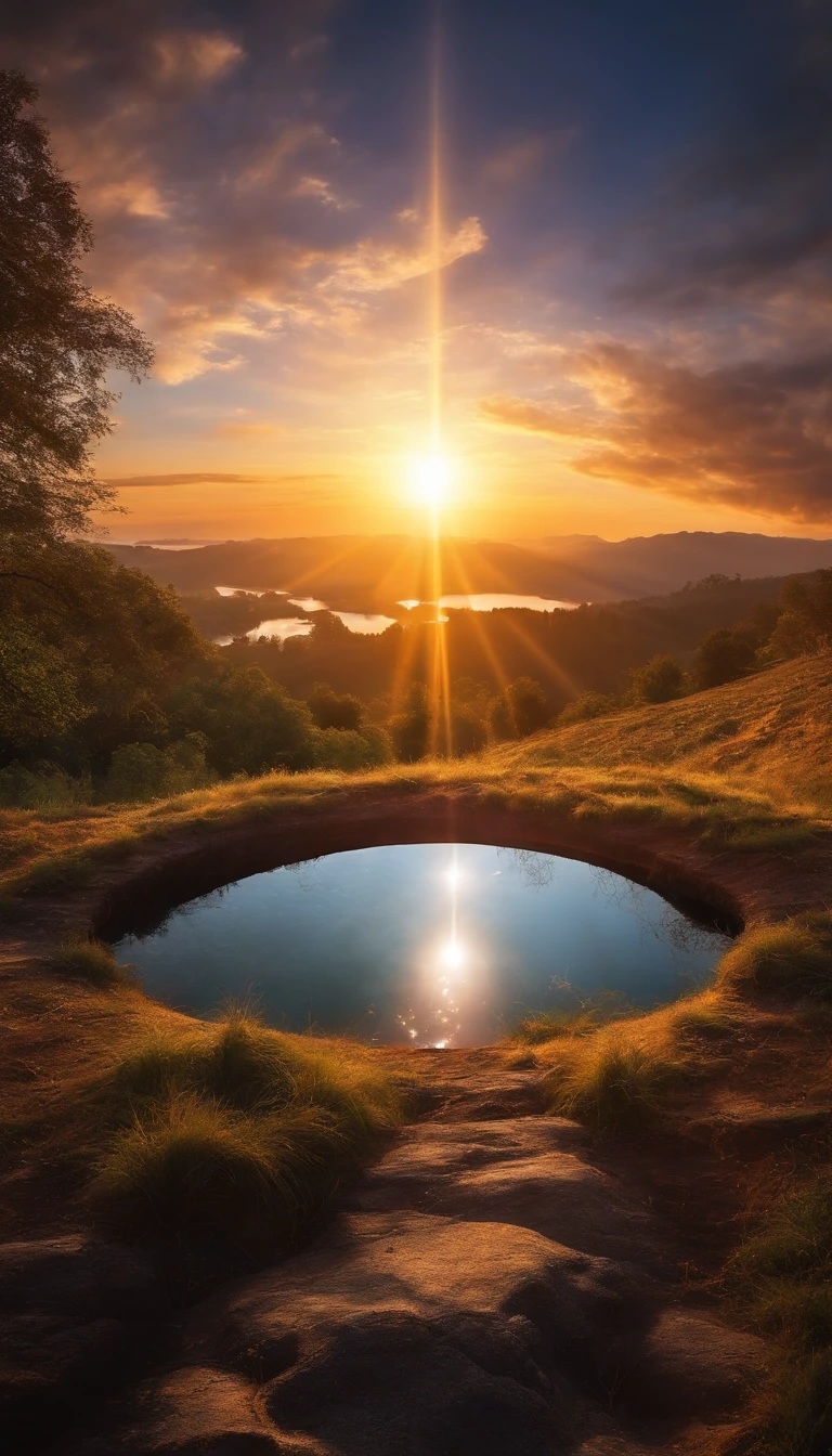 Beautiful sunset images,There is a lake in the middle, Magic portal in the sky, Lens flare. occult photorealism, world seen only through a portal, heaven gate, heaven planet in background, infinite space clock background, The Eye of God, rays of sunshine