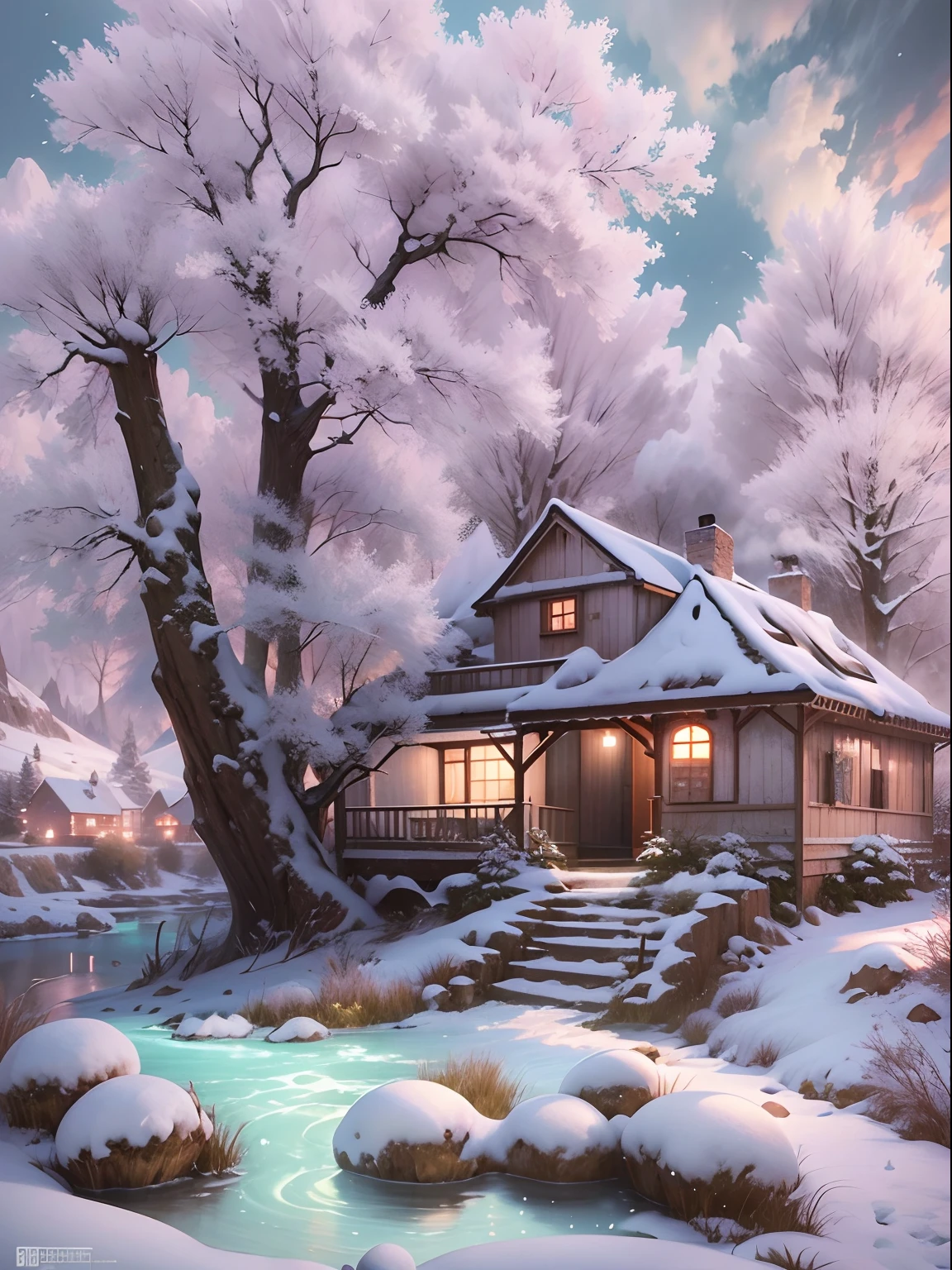 tmasterpiece: (Snow-capped mountain landscape,Cottage down the hill in the distance), ((clouds, daysies, The landscape, ( (The tree,Frozen tree,crystal-clear, nevando), Lake,Small animals,Full of life,),))。(((No one))), award winning photography, dream magical,depth of fields, hdr, realisticlying, The is very detailed, trends in art station, Trend of CGsociety, 复杂, high detal
