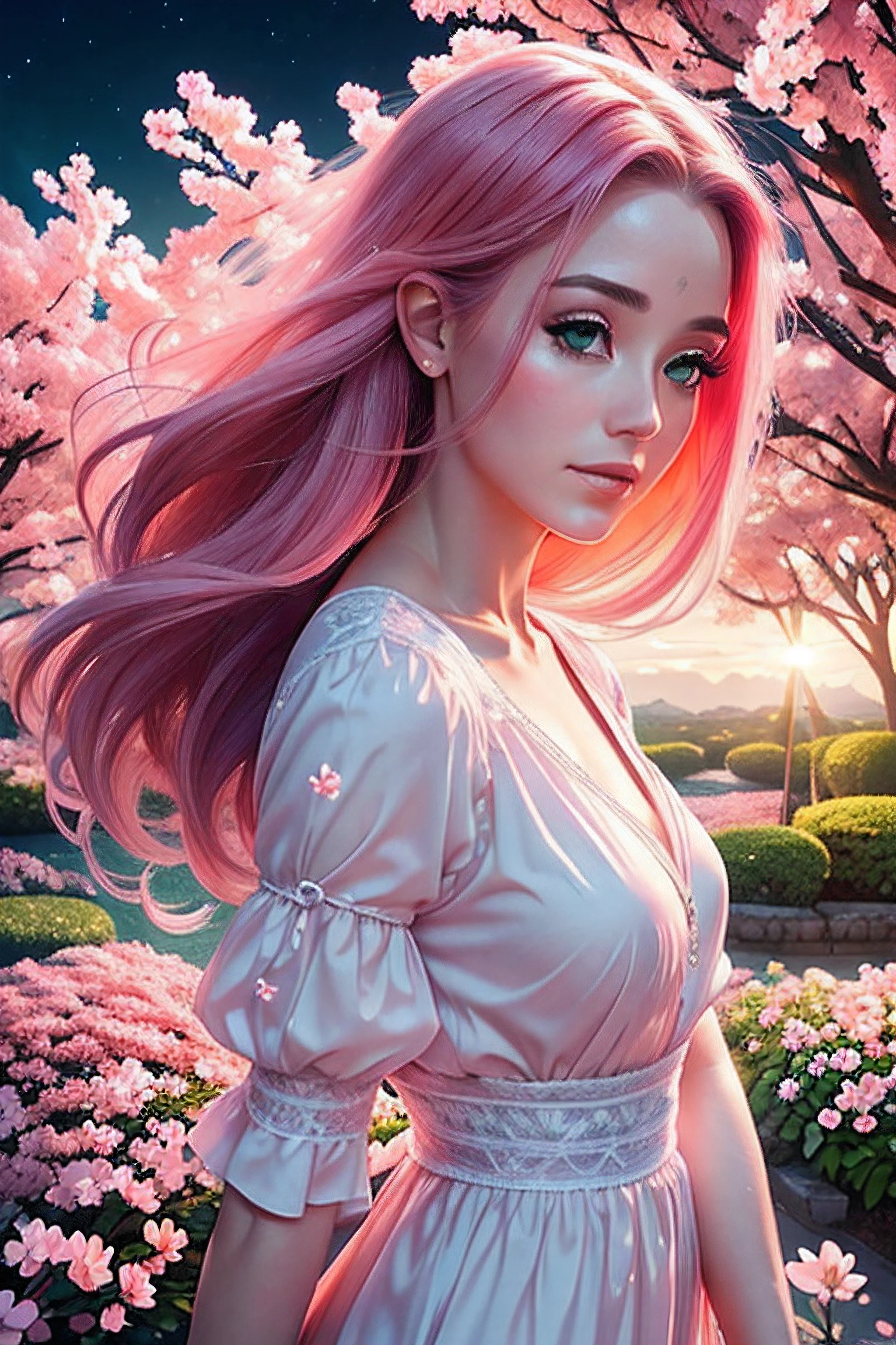 (melhor qualidade, alto:1.2), mulher de cabelo rosa vibrante com olhos verdes hipnotizantes, gently holding her flowing hair in the wind as she stares out at the horizon, fine lines on his face highlighting his delicate features, (soft and dreamy lighting), usando um vestido gracioso que combina com seu cabelo, Standing in a beautiful garden, cercado por flores de sakura e folhagem vibrante, criando uma atmosfera tranquila e encantadora. sakura haruno, casual, Linda, Sakura, ao fundo a cidade de tokyo iluminada a noite, olhos verdes iluminados