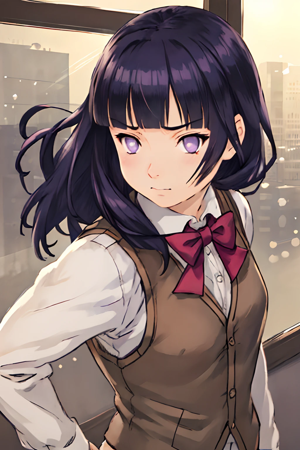 1girl, matured female, vest, bow, photo, realistic, best quality, hires, detailed face, office, buildings from window, detailed background, diffused sunlight, depth of field, bokeh,Blunt Bangs, purple eyes, long dark blue hair