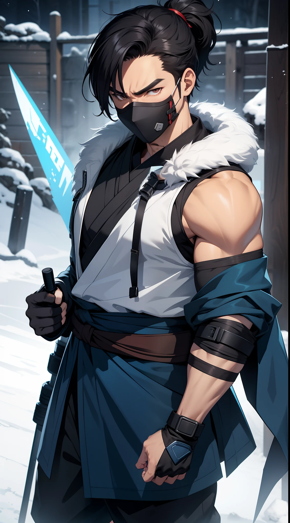 Grown-up guy, short black hair, high ponytail, Brown eyes, mask, blue shinobi kimono, Sleeveless, Sub-Zero, cold, ice, blizzard, axe, Masterpiece, hiquality, 4k, HD, Good detail