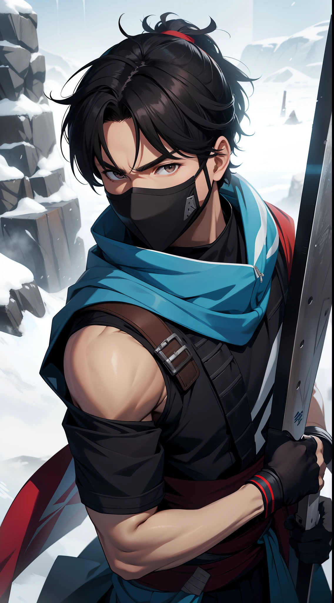 Grown-up guy, short black hair, high ponytail, Brown eyes, mask, blue shinobi kimono, Sleeveless, Sub-Zero, cold, ice, blizzard, axe, Masterpiece, hiquality, 4k, HD, Good detail