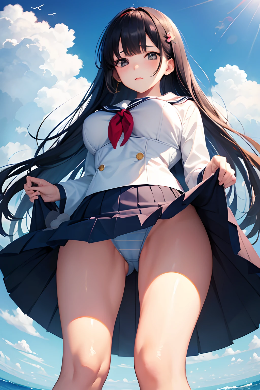 (The perspective is from below:1,5),1girll,Japan JK,a sailor suit,Lift the skirt,full bodyesbian,huge tit,long leges,Unhappy