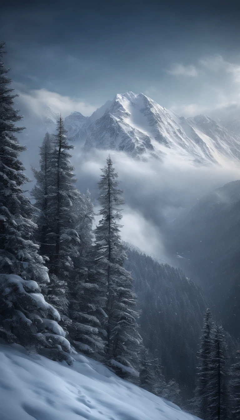 View from sky, Photograph landscape snow mountains of dark age, rain, fog, dramatic and stunning award winning photo, dramatic linear delicacy, high dynamic range, Cinematic High Detail, UHD, 8k,A massive Avalanche rolling down the mountain rushing through and destroying trees, Hyper-realistic painting, snow, natural lighting, natural phenomena, powder snow, incredible detail, cinematic, Realism, Digital art, HD, Mark Molnar, Ivan Shishkin, Psychoshadow art, 8k