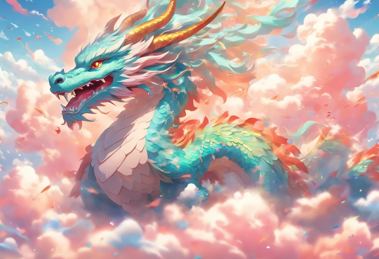 Best Quality, masterpiece, Cute iridescent Asian dragon playing with clouds and wind in the sky, isometric, beautiful concept art, optic