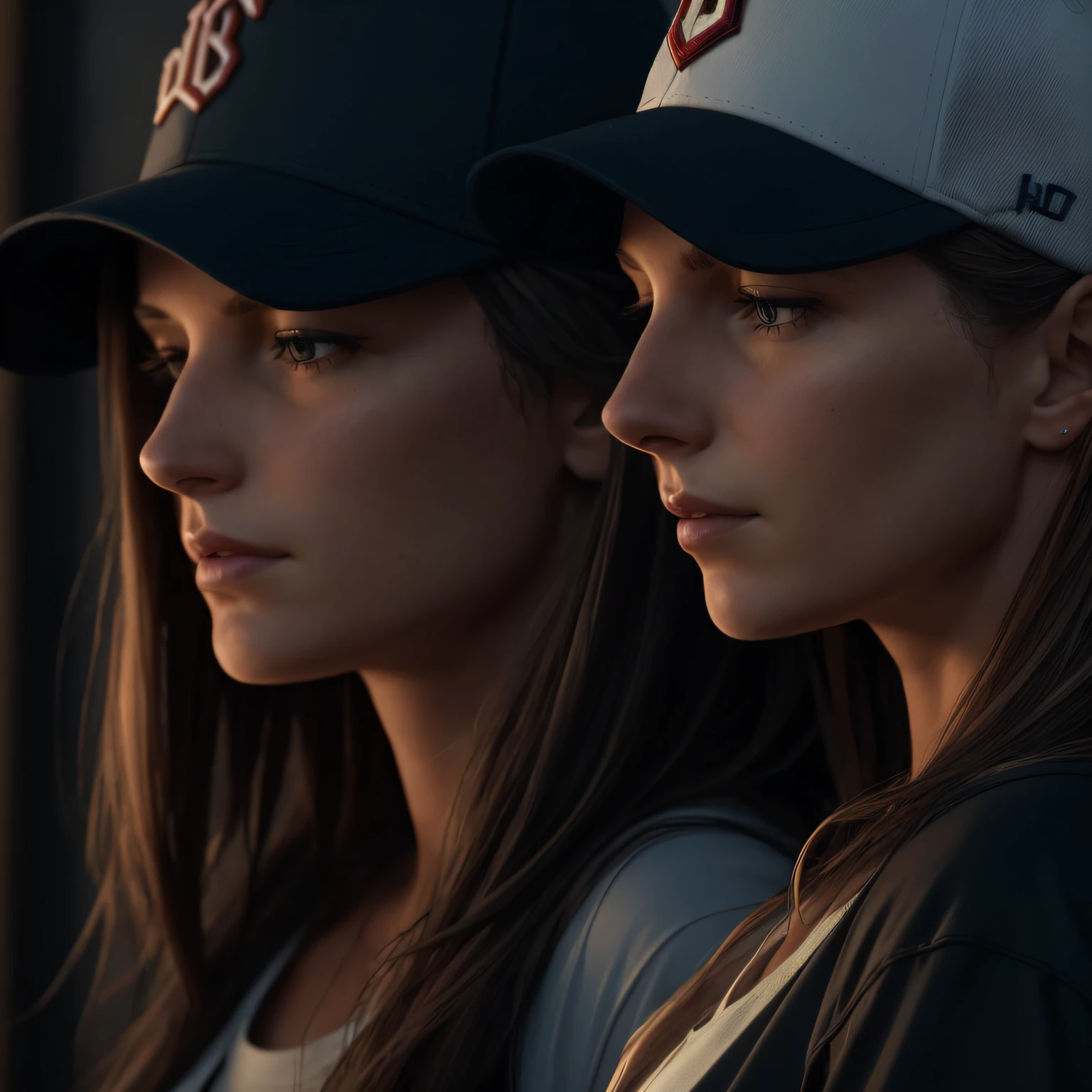 European and American women,The upper part of the body,Around thirty years old,Wearing a baseball cap,head bowed slightly,high detail, first-person view, cinematic lighting, chiaroscuro, depth of field, close-up, from side, UHD, high details, high quality, super detail --auto
