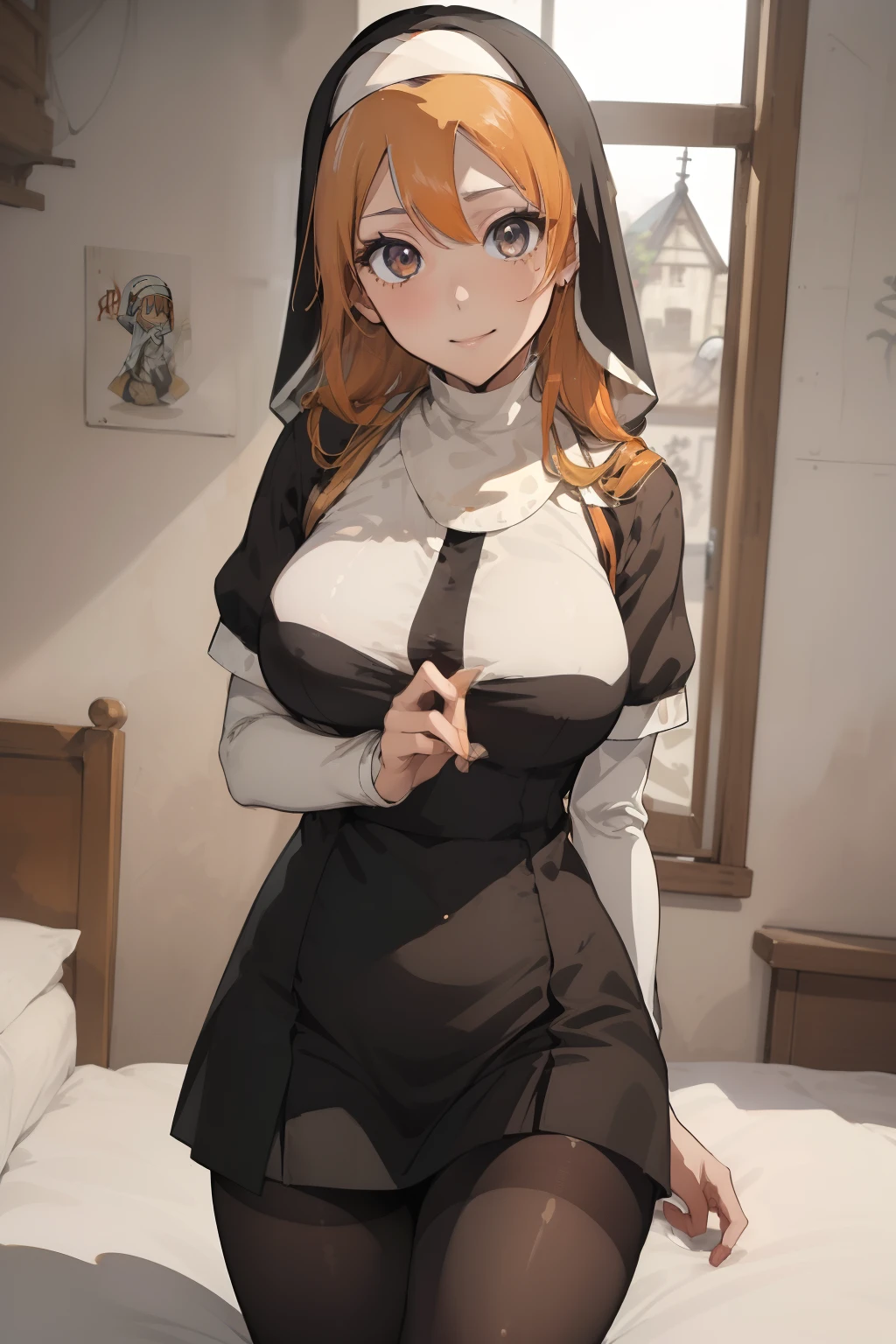 (masterpiece、top-quality、top-quality、Beautifully Aesthetic:1.2)、1 girl in、ighly detailed、highestdetailed、grey eyes、orange color hair|Semi-long blonde hair、((nun clothes))、(pantyhose)、Matsumoto Rangiku、graffiti art、Look at the viewer、A smile、Bedroom、on the beds、((Short length))、