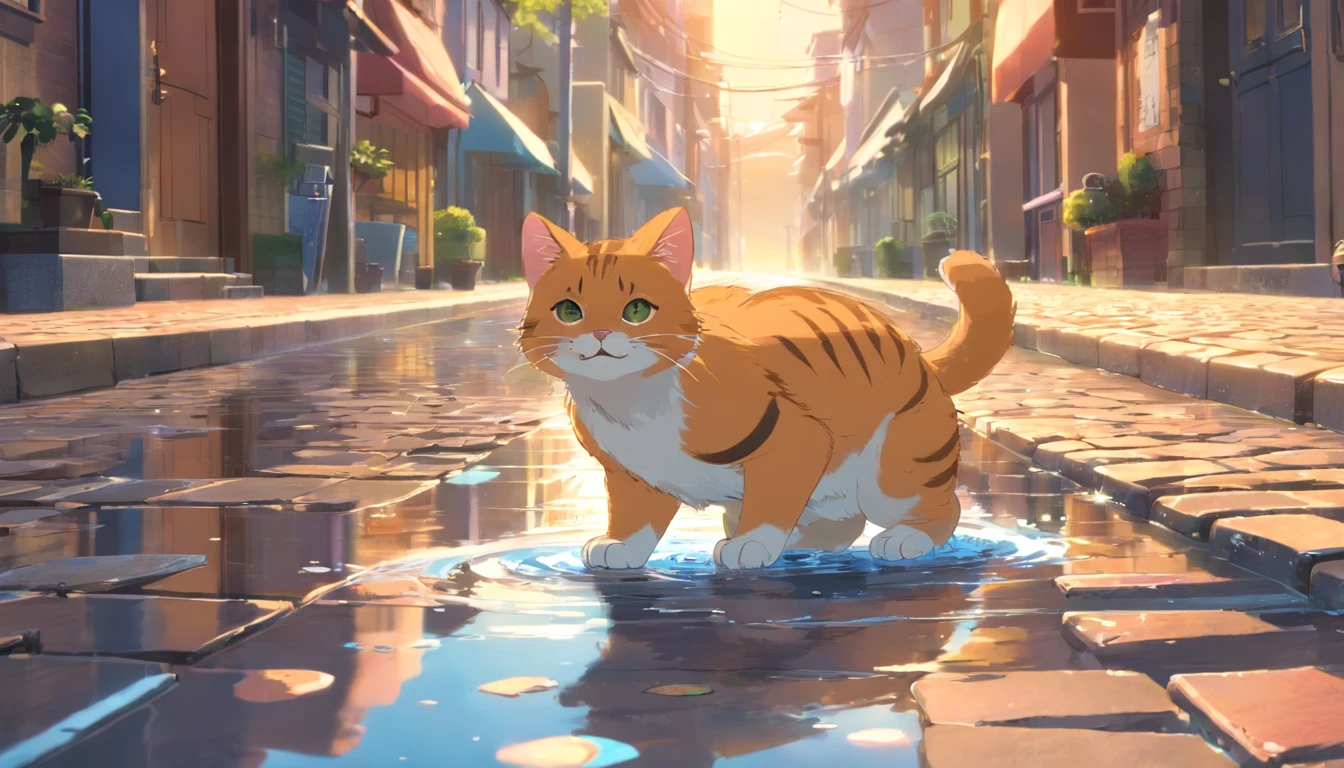 Gatinho, On the cobblestone street, Playing in a puddle of water