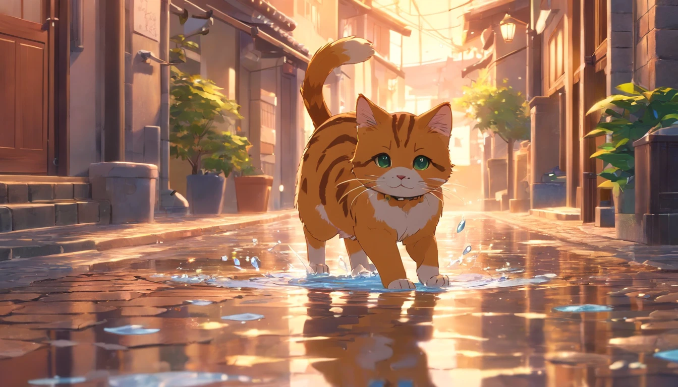 Gatinho, On the cobblestone street, Playing in a puddle of water