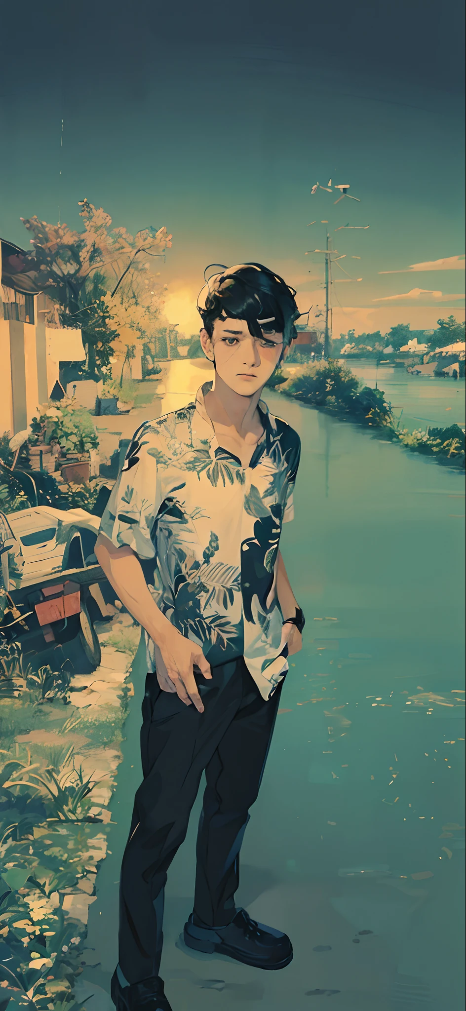 (RAW Photo, Best Quality), Anime, Two-dimensional, Graphic Illustration, Illustration, Line, ((1 boy)), Black hair, Texture, ((Melancholy eyes)), (Shirt: 1.5), ((Dull)), Not bright color, Best illustration,