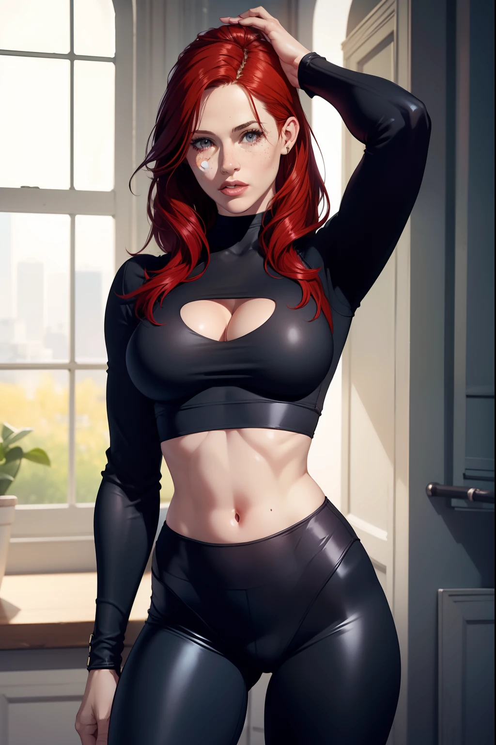 Jennifer Garner as Gothic model red hair, black skintight ((leggings)) and skintight crop top, ((exposed midriff)), freckles, trending on instagram, art by Dmitry Sergeev