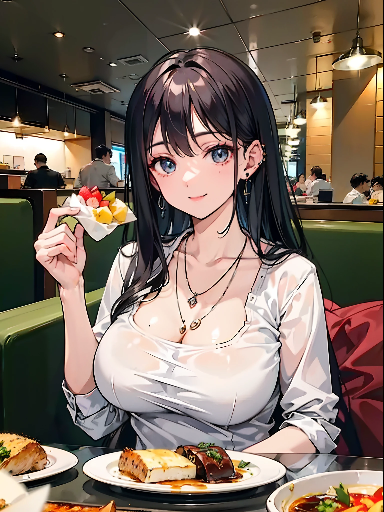 In restaurant, table, food, eating, restauranthigh resolution, 8k, masterpiece, best quality, 1girl, mature female, cute shirt, earring, necklace, large breasts, huge breasts, light smile