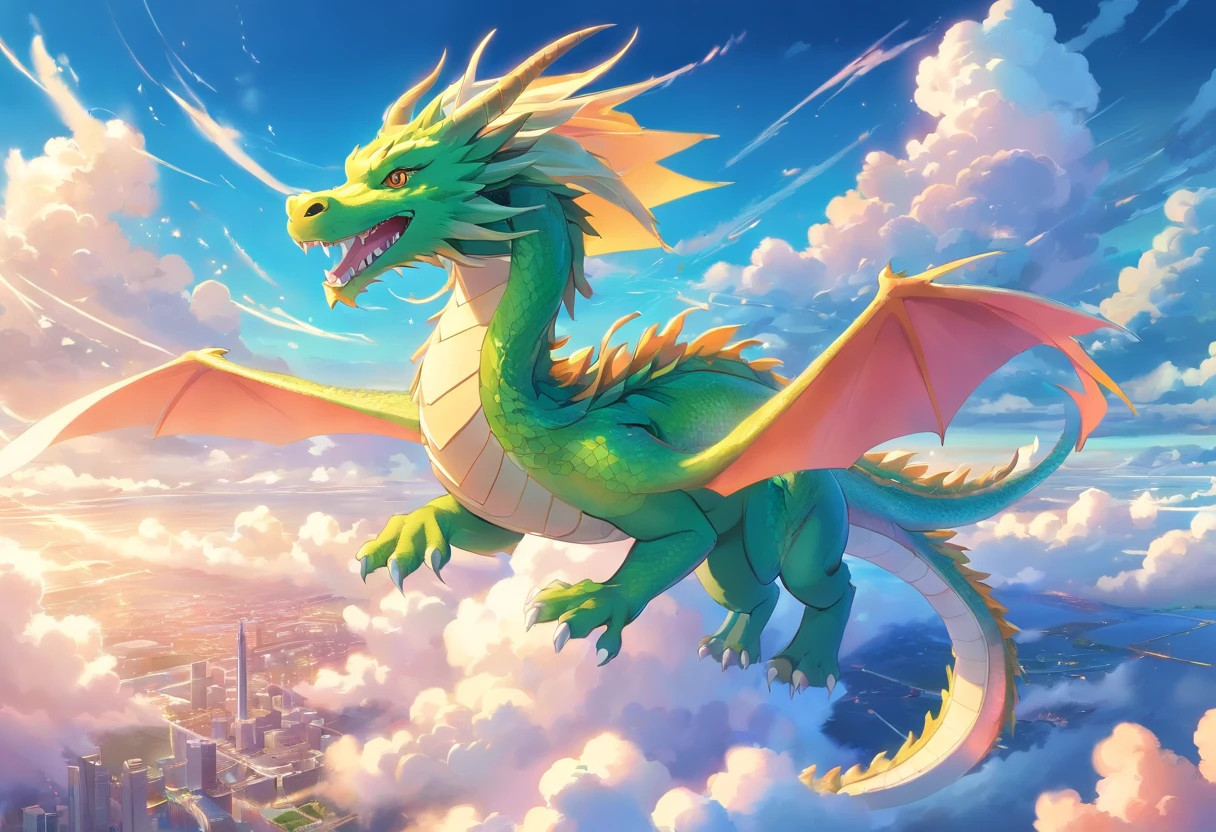 Best Quality, masterpiece, Cute iridescent Asian dragon playing with clouds and wind in the sky, isometric, beautiful concept art, optic