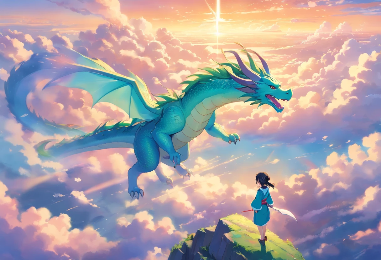 Best Quality, masterpiece, Cute iridescent Asian dragon playing with clouds and wind in the sky, isometric, beautiful concept art, optic