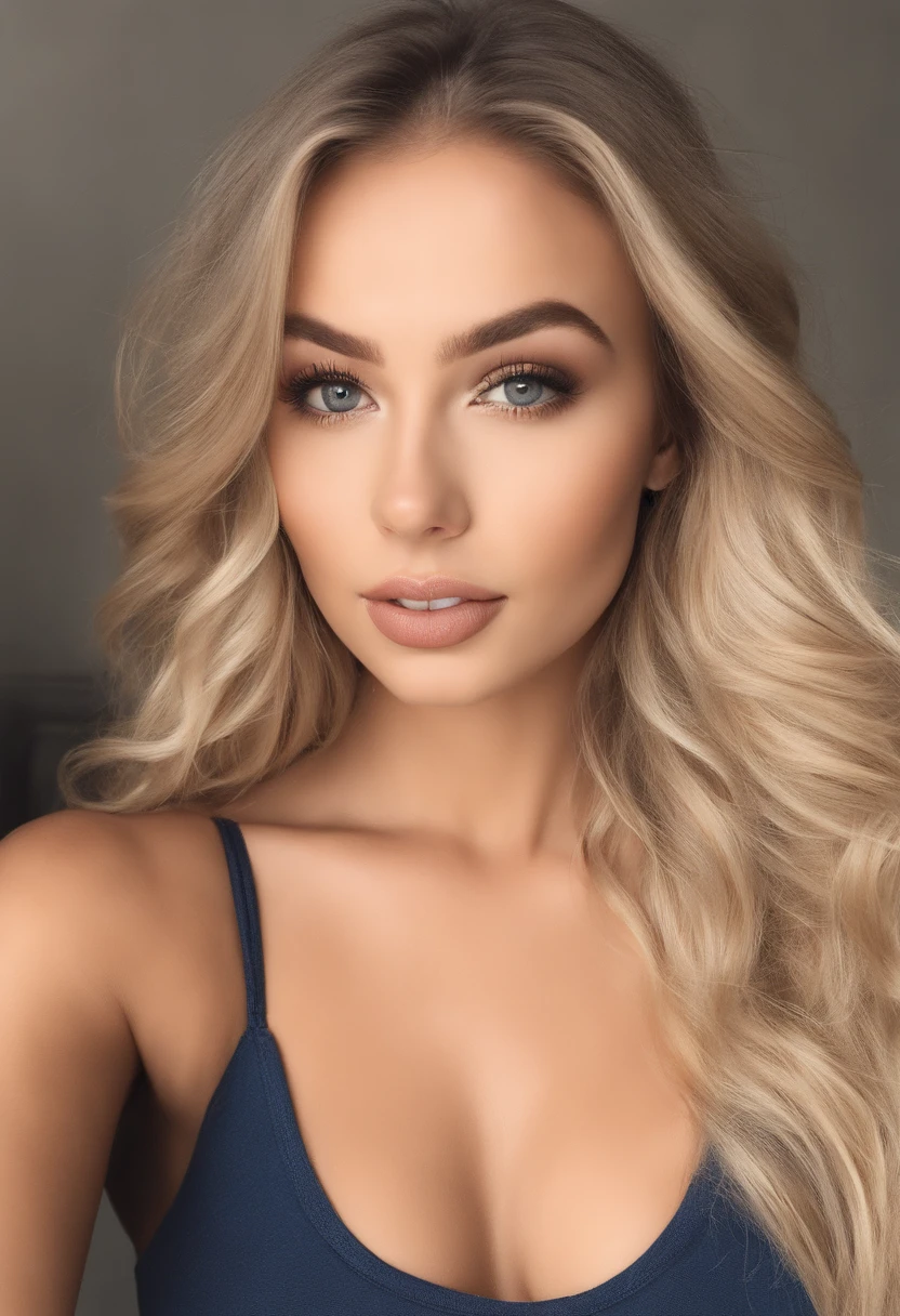 woman with matching tank top and panties, fille sexy aux yeux bleus, Portrait Sophie Mudd, Portrait de Corinna Kopf, cheveux blonds et grands yeux, selfie of a young woman, ohne Maquillage, maquillage naturel, Look directly into the camera, Visage avec Artgram, dezentes Maquillage, Superbe photo du corps entier, dans la chambre, Gros seins, Blonde, latina